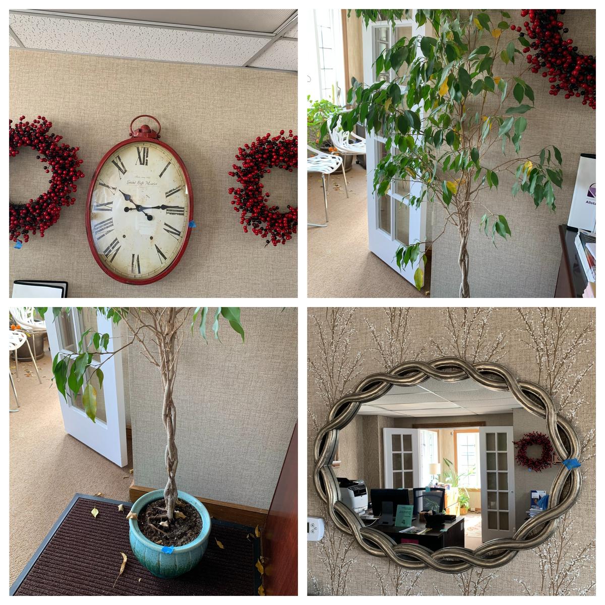Large Wall Clock with Wreaths, Plant, & Mirror