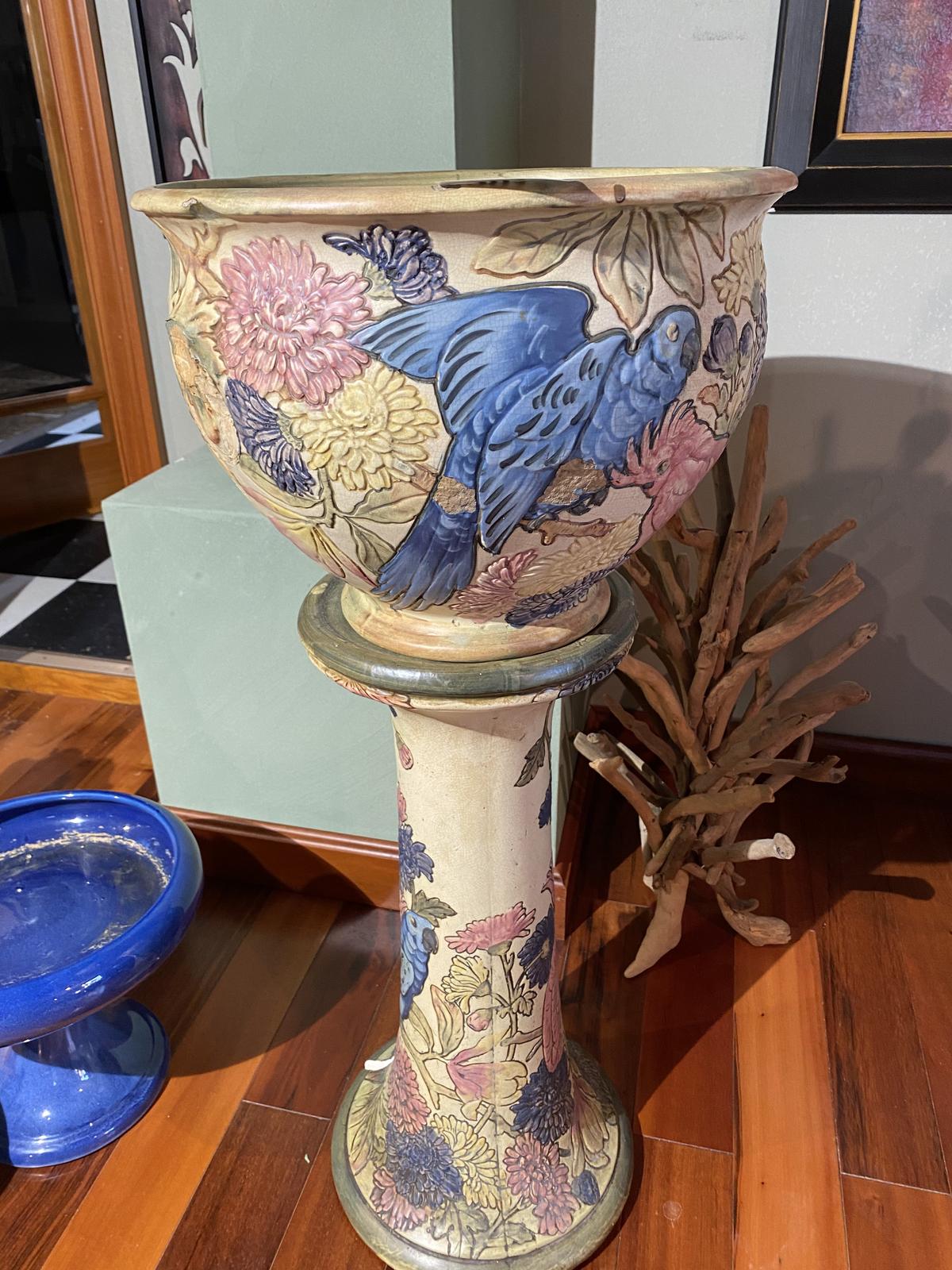 Weller Pottery Parrots Jardiniere and Pedestal