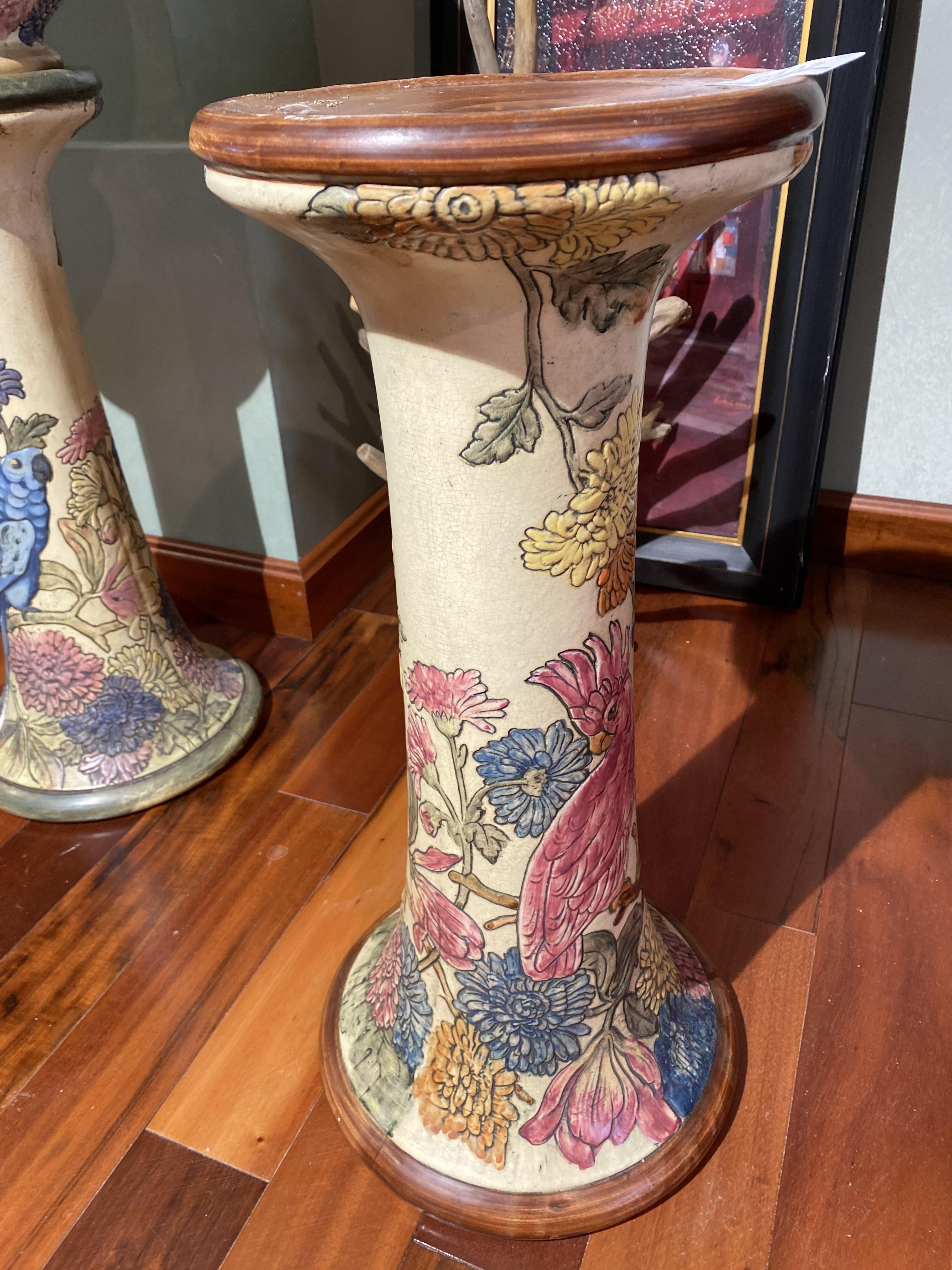 Rare Weller Art Pottery Pedestal - Parrots and flowers