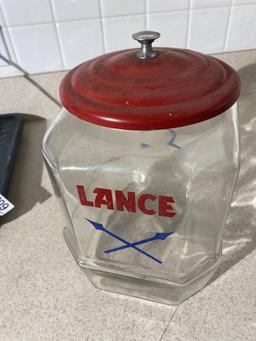 Rare Lance Glass Cracker Jar w/Lid and Good Graphics