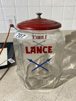 Rare Lance Glass Cracker Jar w/Lid and Good Graphics
