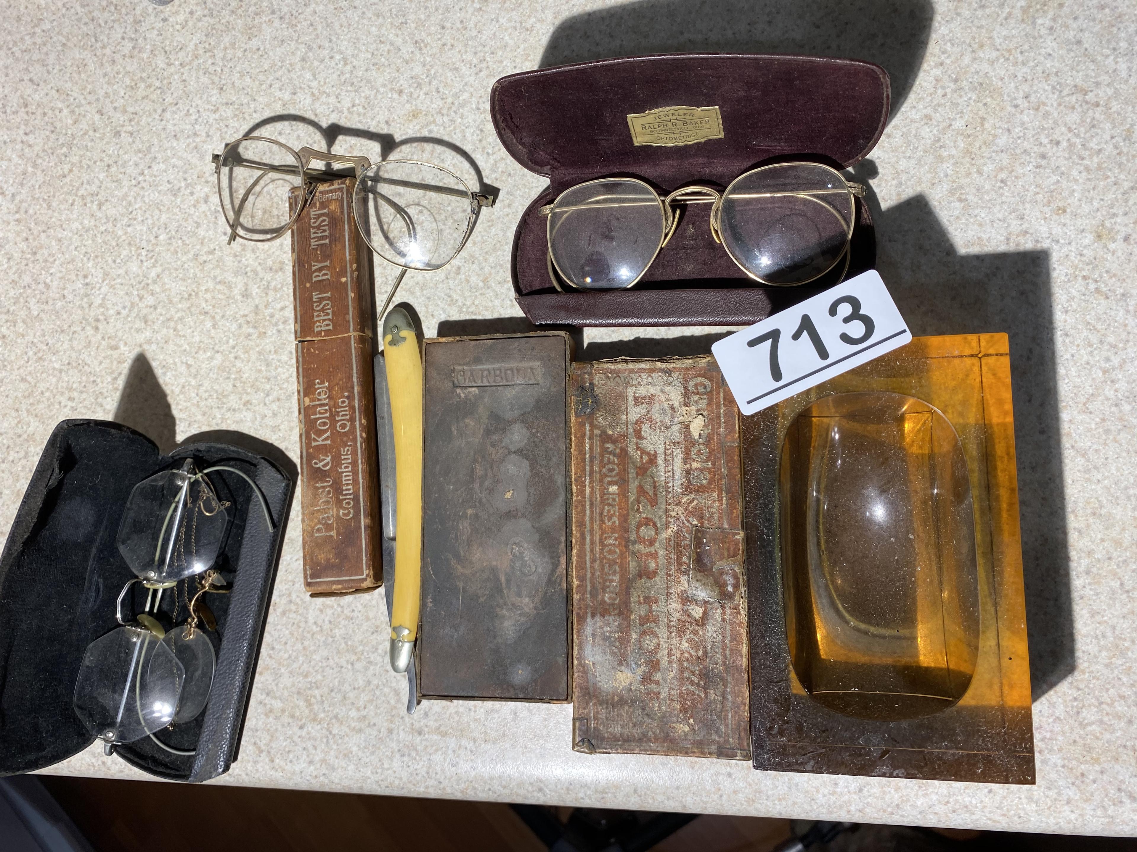 Spectacles, Straight Razor, hone, heavy glass ashtray