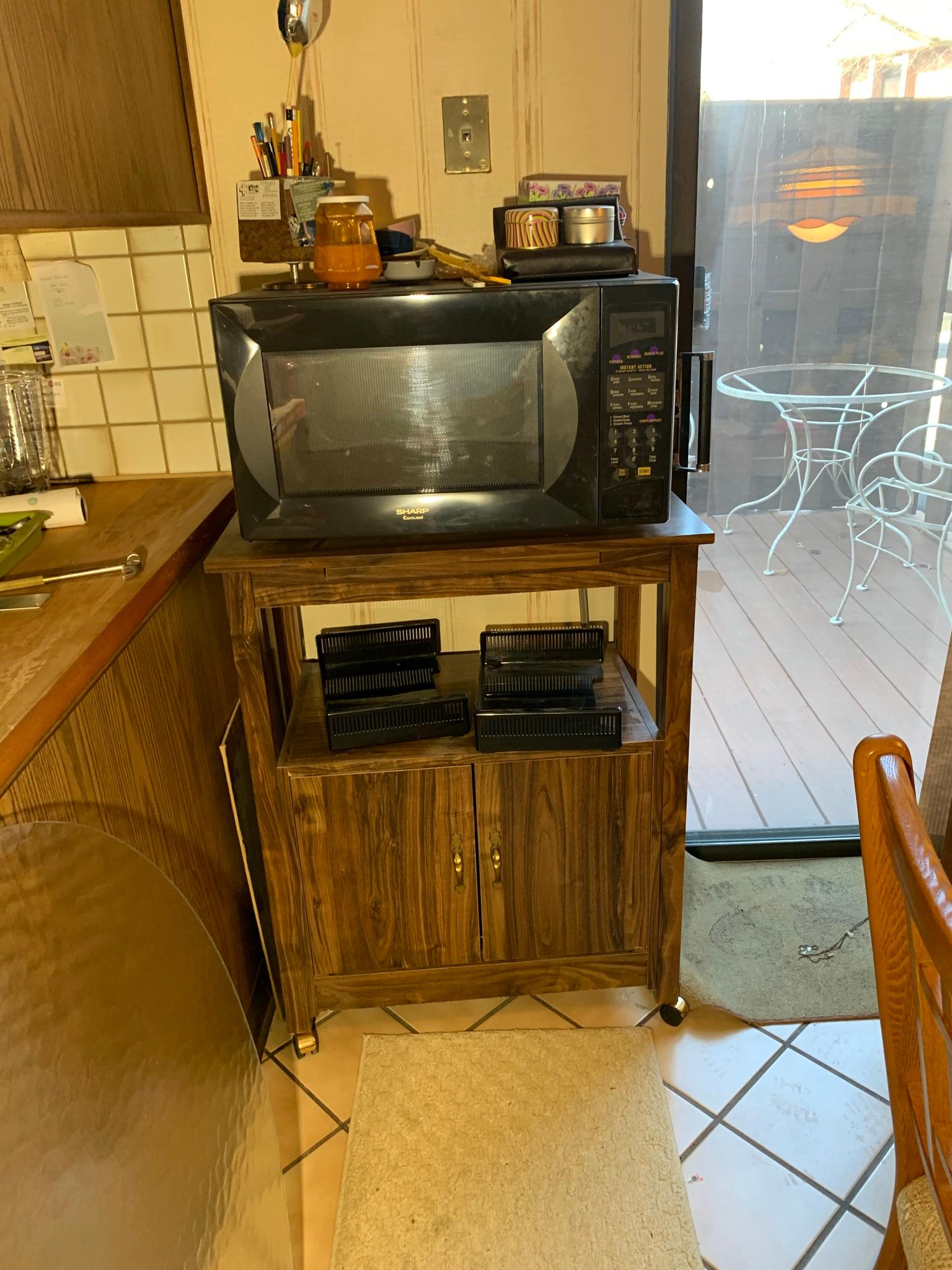 Dining Room Table with 6 Chairs, Microwave, Microwave Stand and Decorative Items