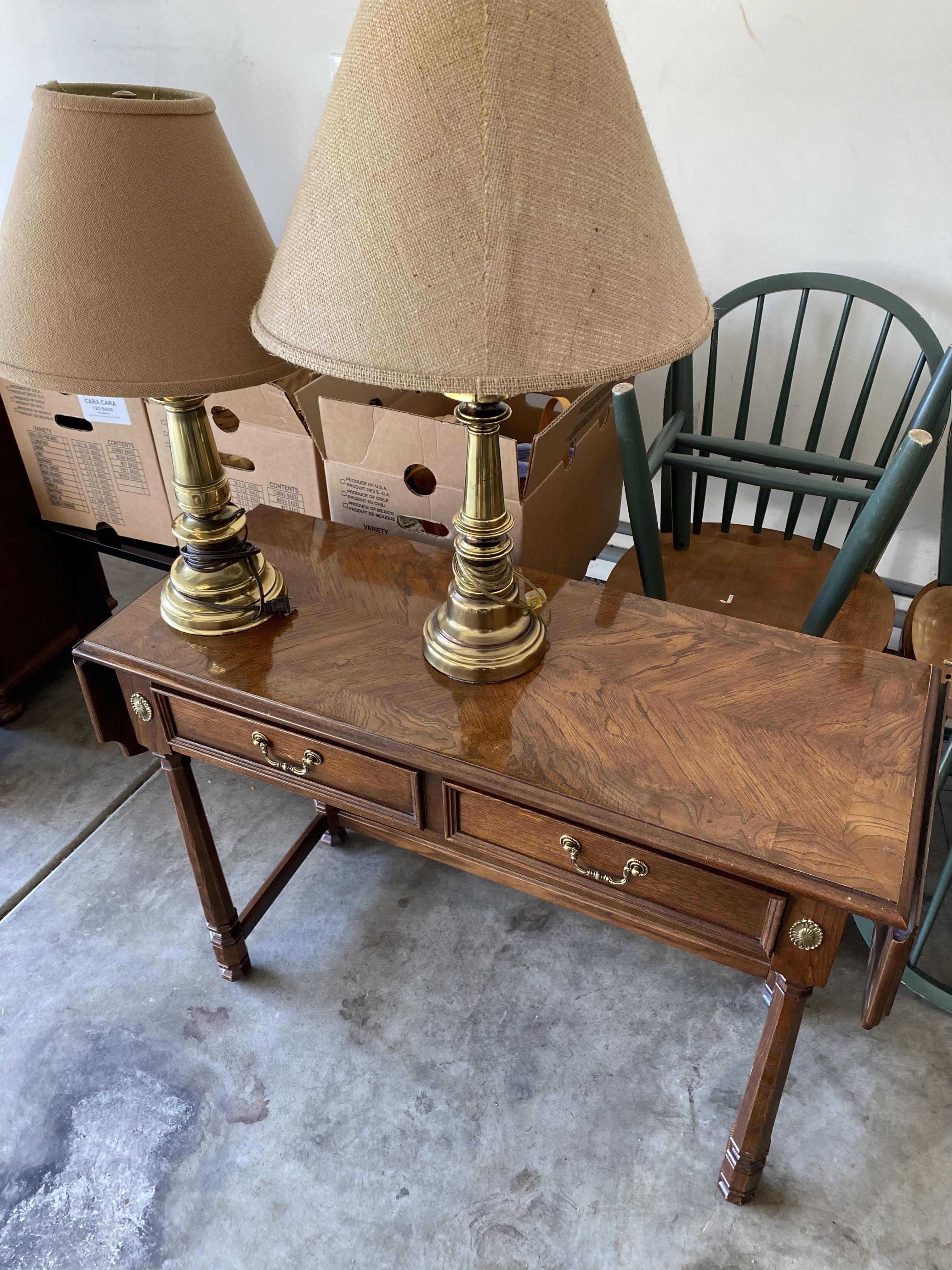 Console table, display cabinet, two lamps