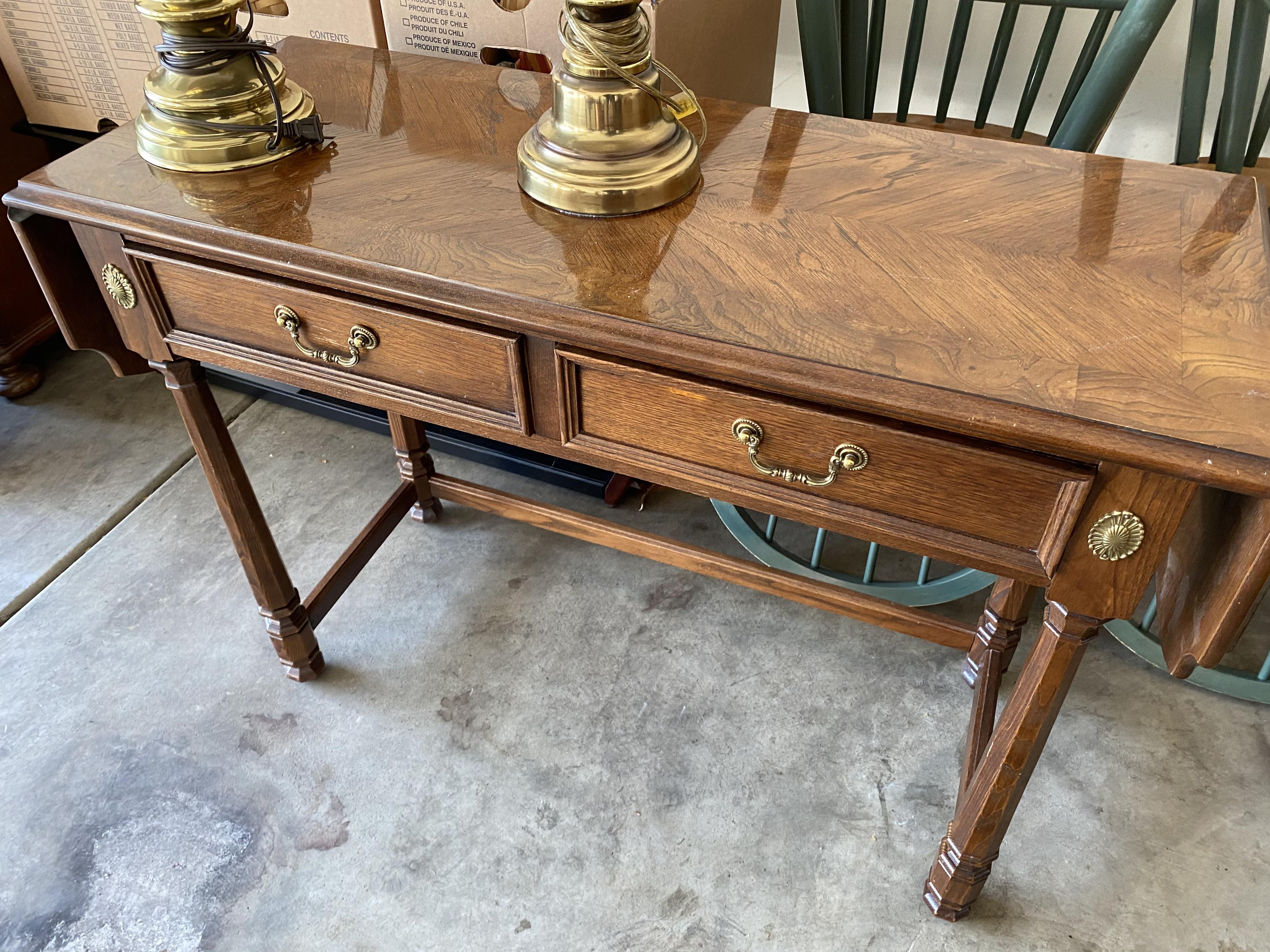 Console table, display cabinet, two lamps