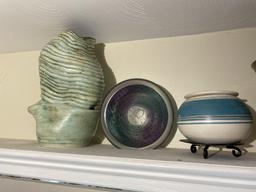 Shelf lot of assorted art pottery and glass