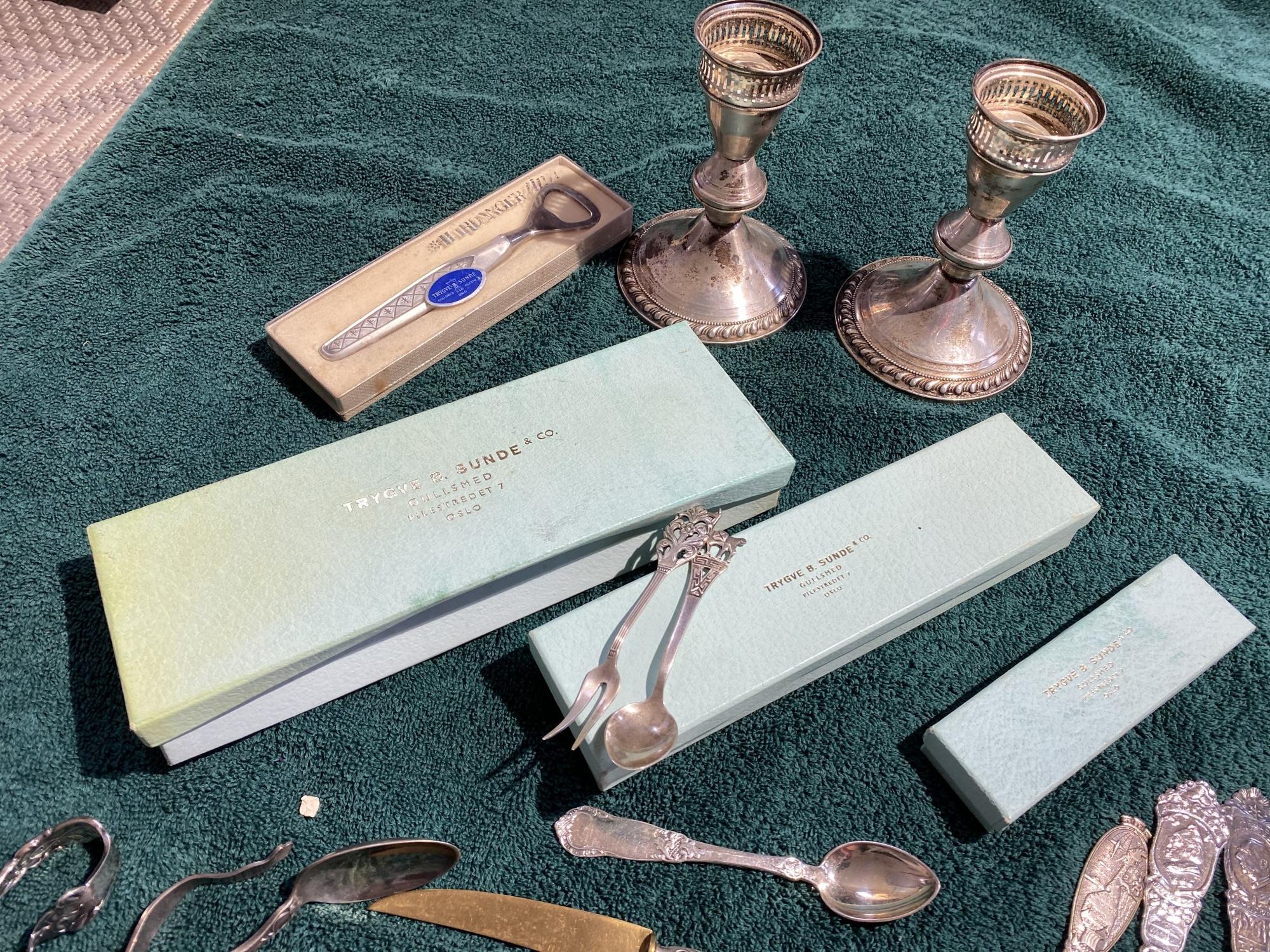 Elaborate Norway Pewter Spoons, sterling etc