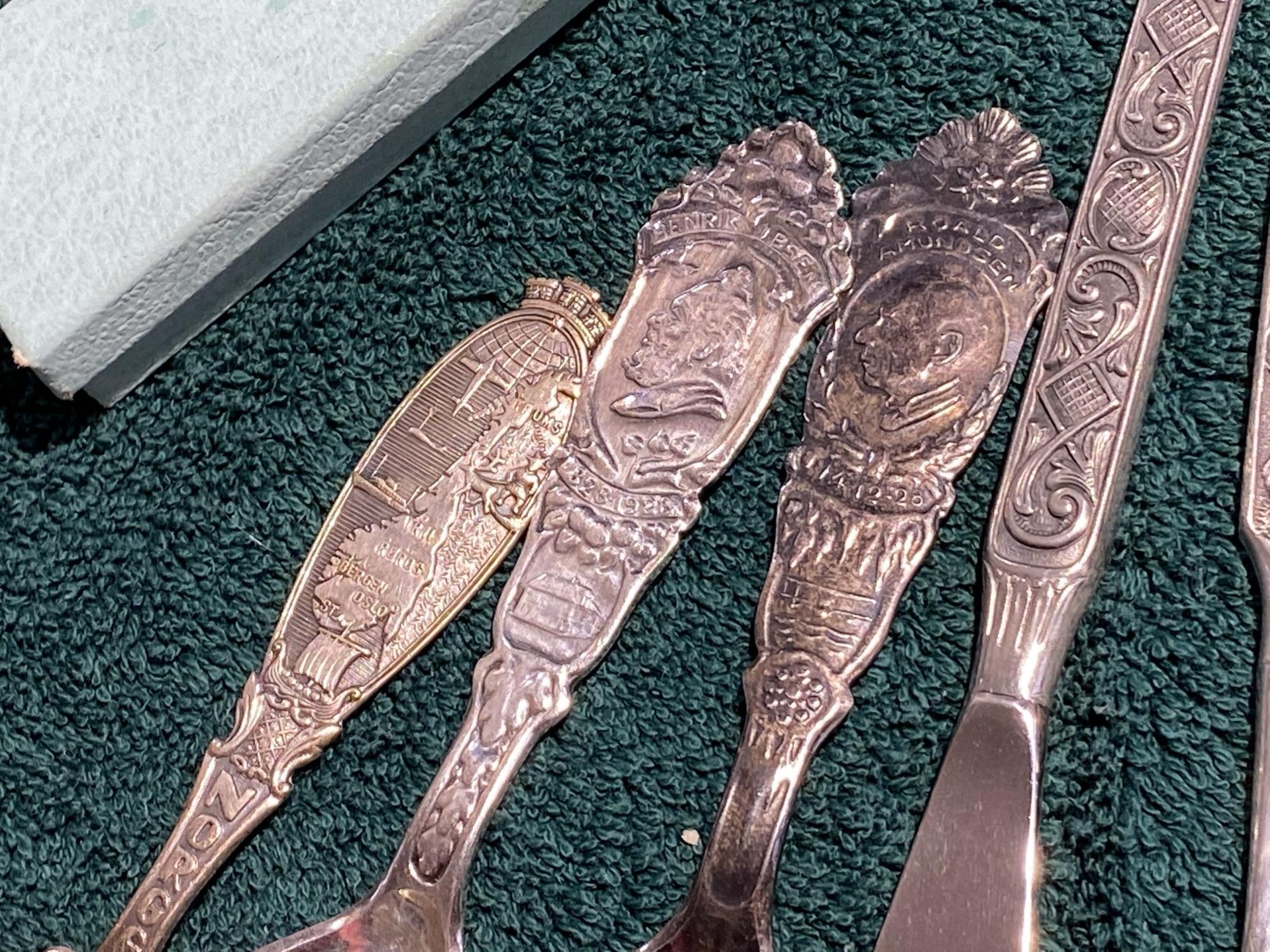 Elaborate Norway Pewter Spoons, sterling etc