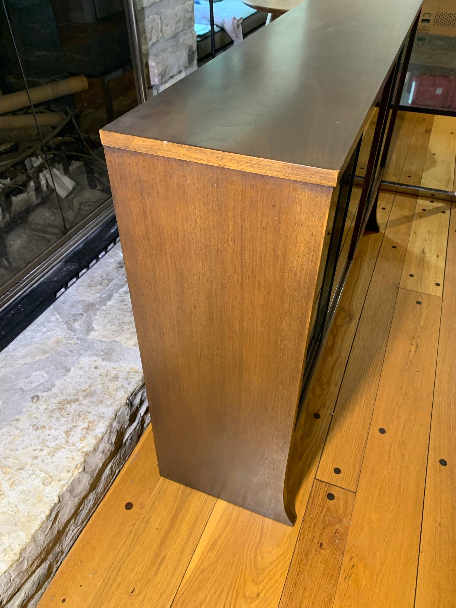 Glass Front Walnut Mid-century Modern Bookcase with Cabinet Lights