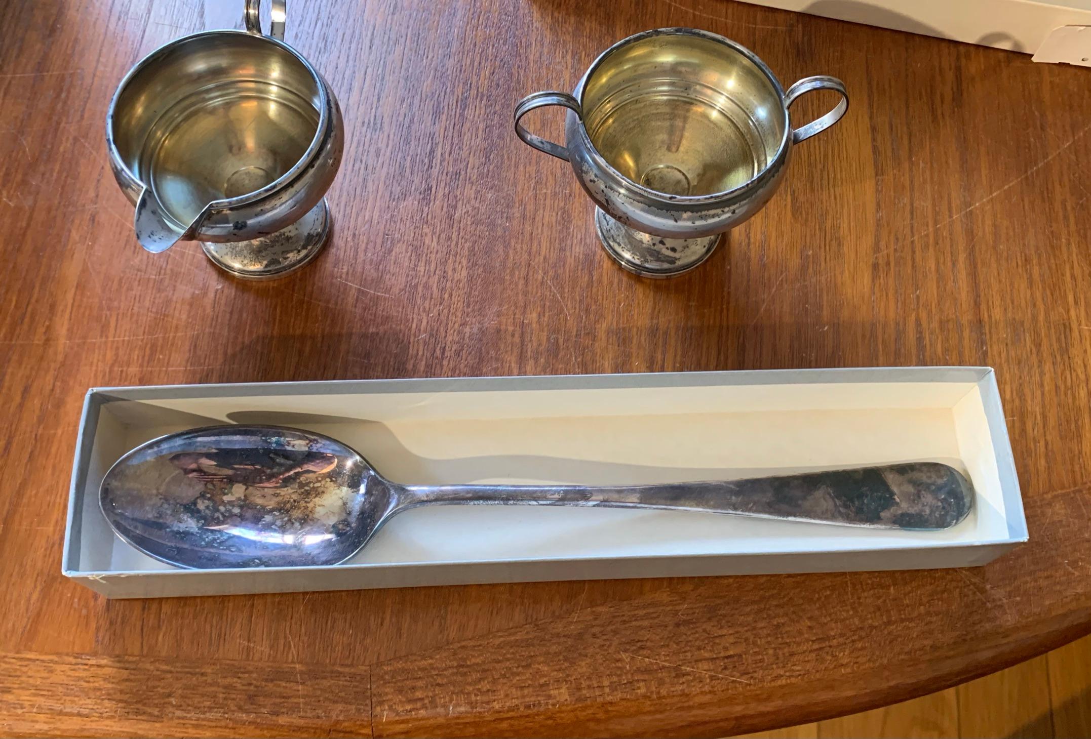 2 Pieces of Weighted Sterling Silver Cream & Sugar & Rogers Silverplate Serving Spoon in Box