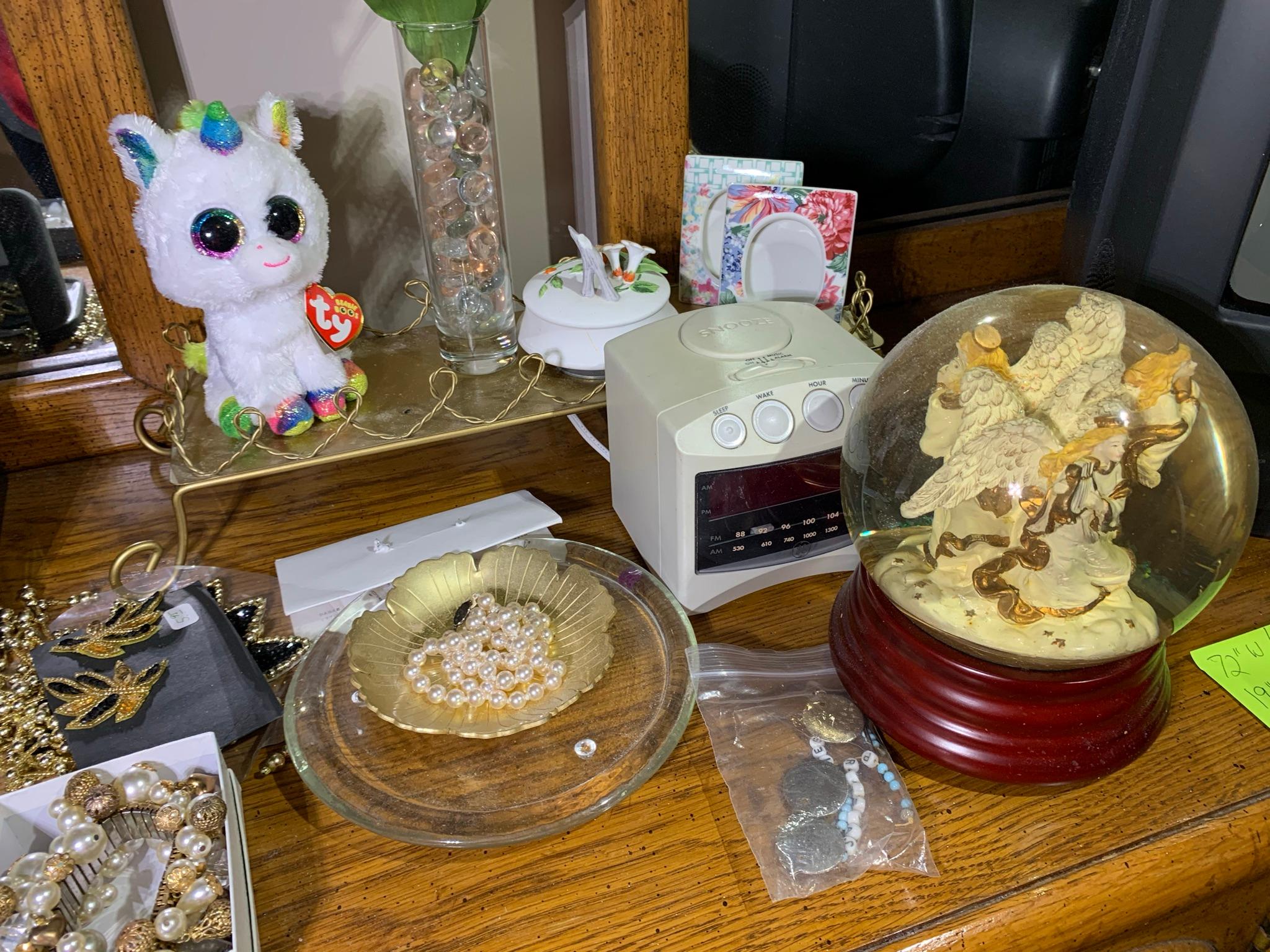 Group of Costume Jewelry, alarm Clock, Snow Globe and More