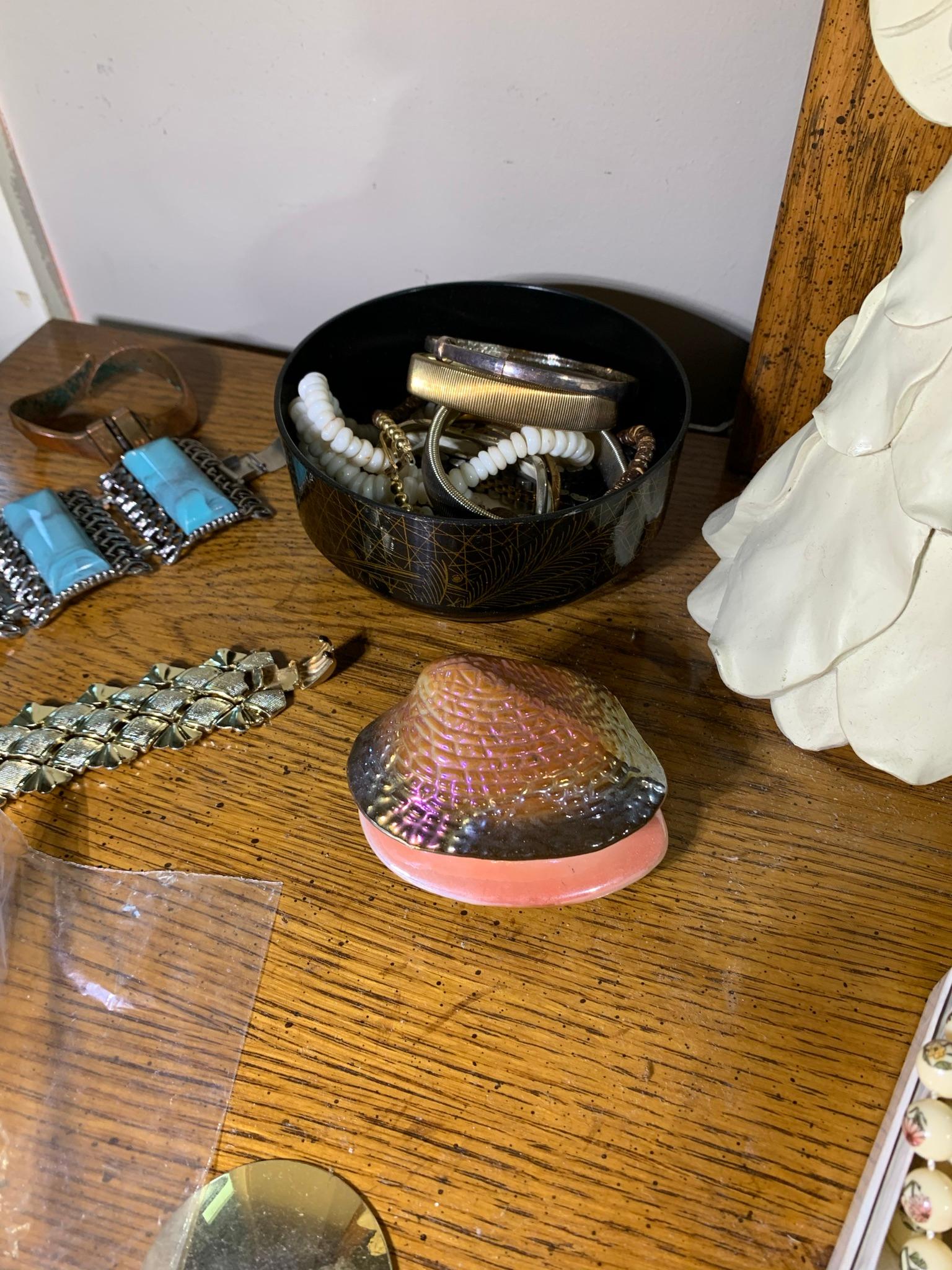 Group of Costume Jewelry, alarm Clock, Snow Globe and More