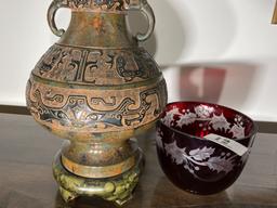 Vinage lamp, red cut glass bowl, Renoir print.