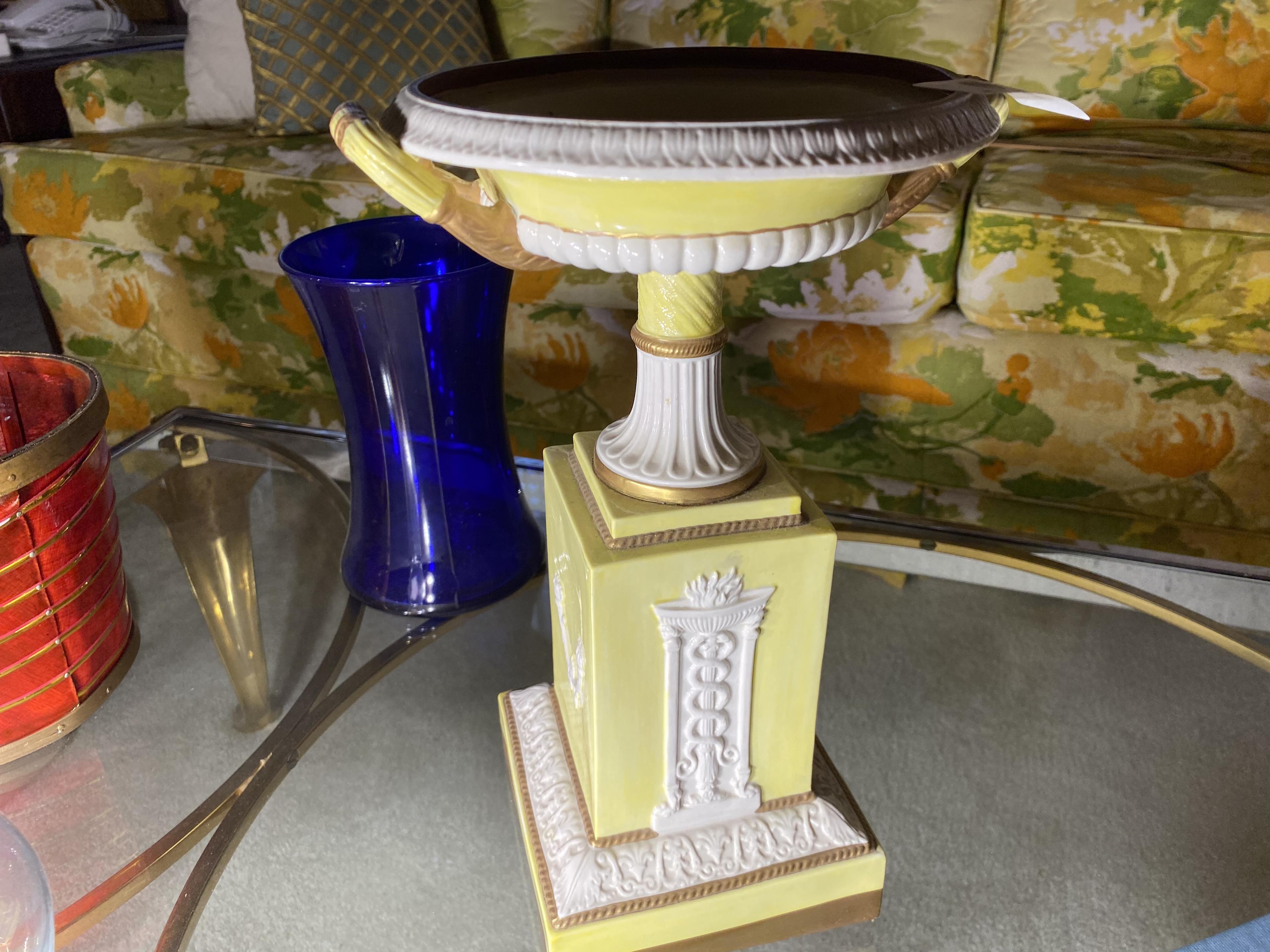 Items on table including Italian ceramic urn