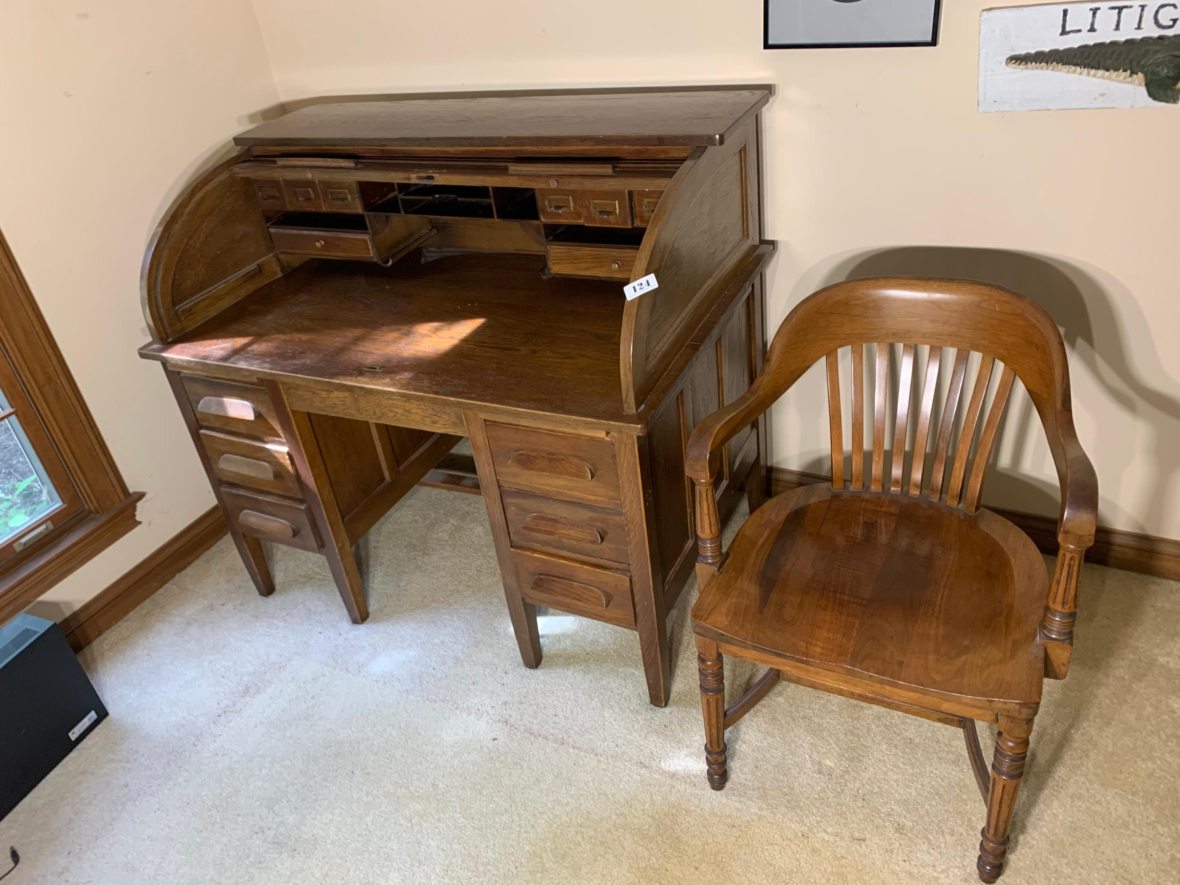 Vintage roll top desk and chair