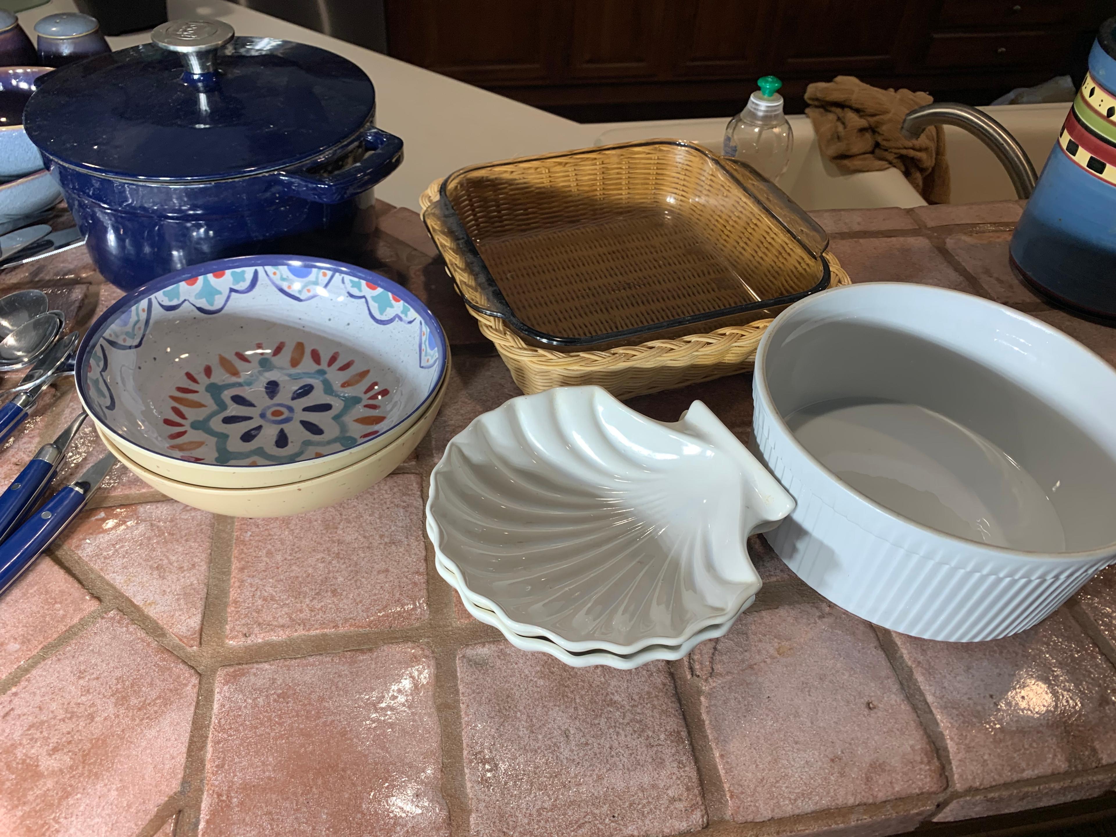 Group lot of blue dishes, utensils etc