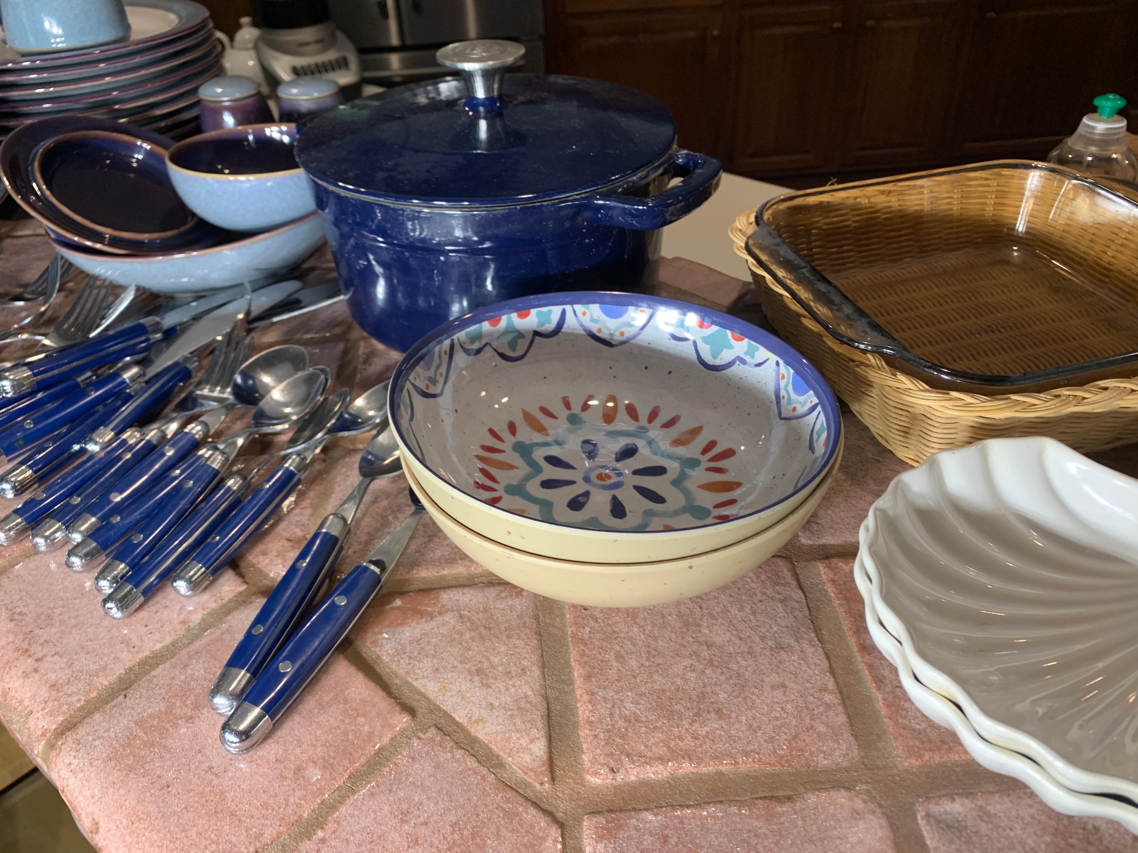 Group lot of blue dishes, utensils etc