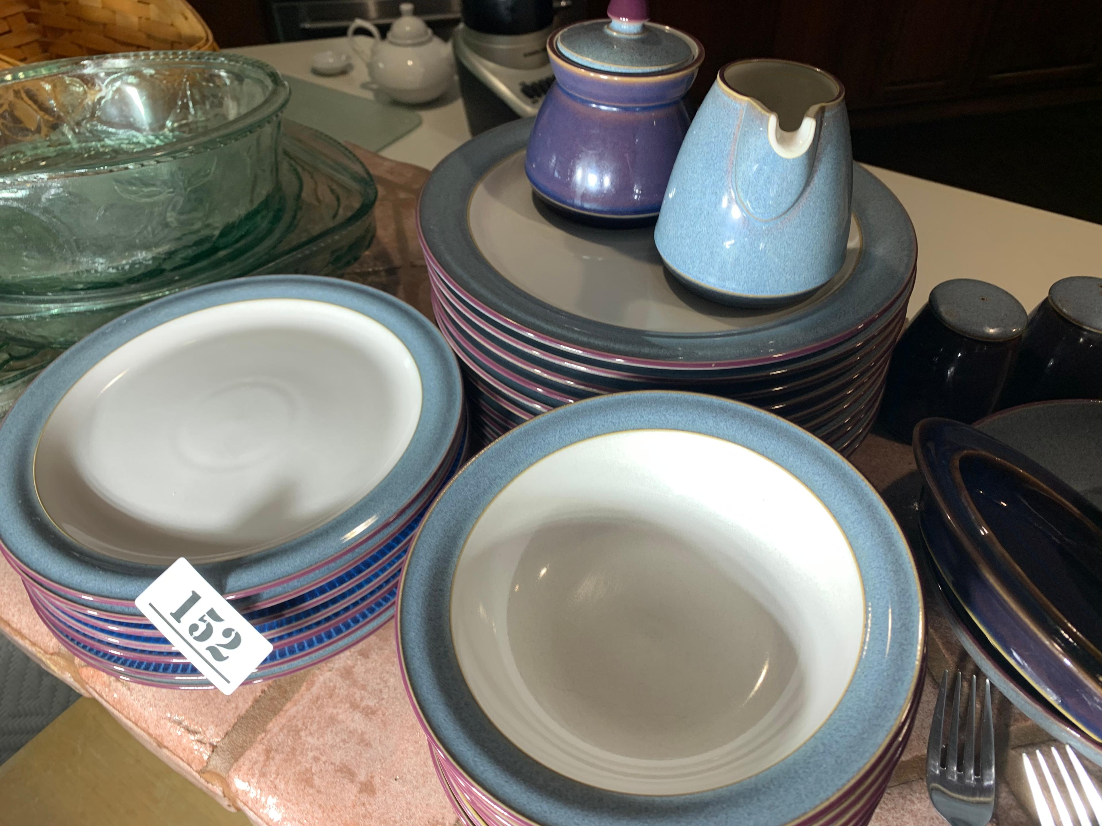 Group lot of blue dishes, utensils etc