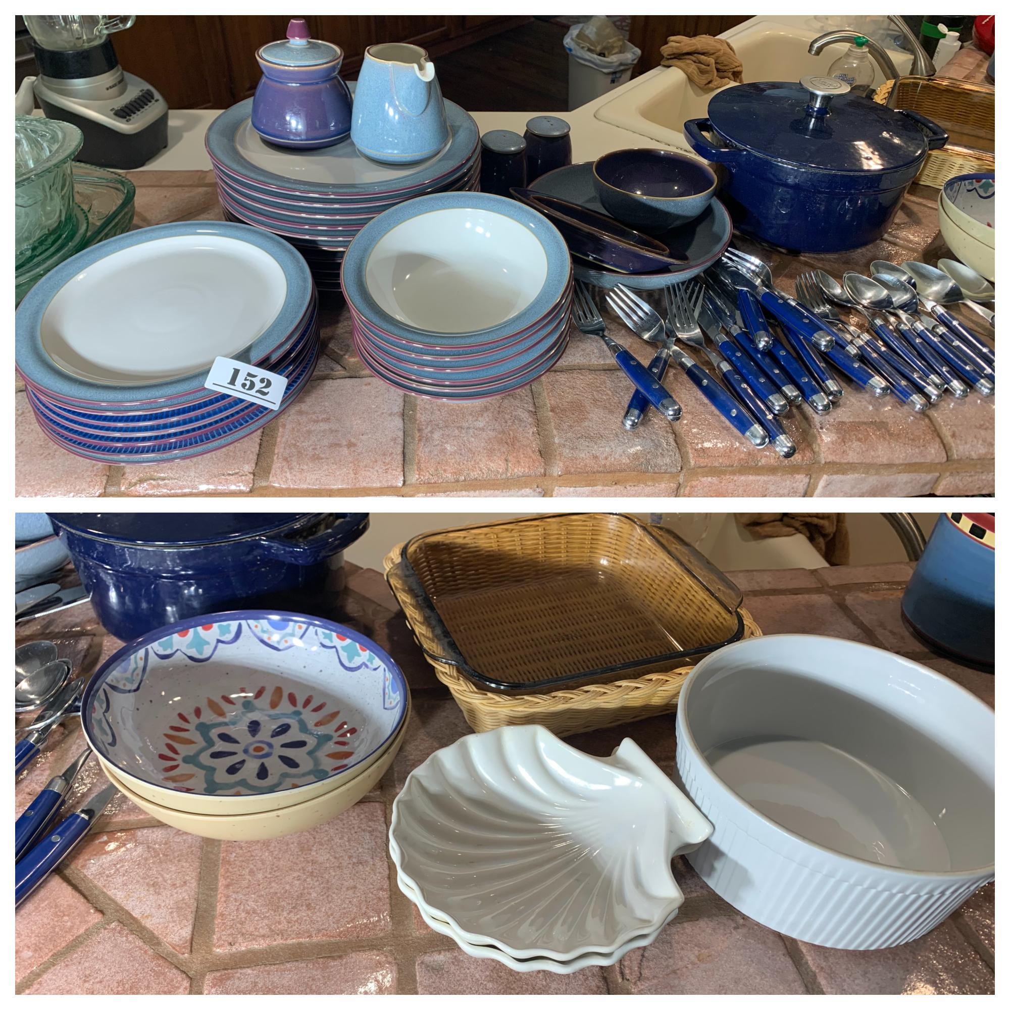 Group lot of blue dishes, utensils etc