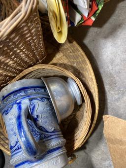 Baskets, assorted antique china, antique mug