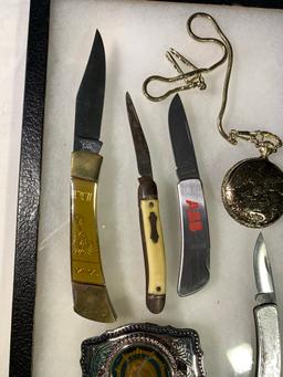 American Legion Belt Buckle, 4 Knives, Pocket Watch & Showcase Box