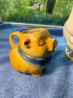 Ceramic Pig Creamer by Smiley, Disney Mrs. Potts Tea Pot & Disney Snow White Statue