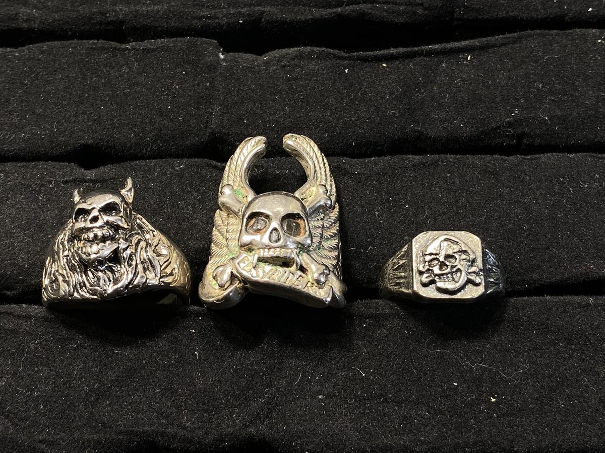 3 Vintage Steel Skull Biker RIngs