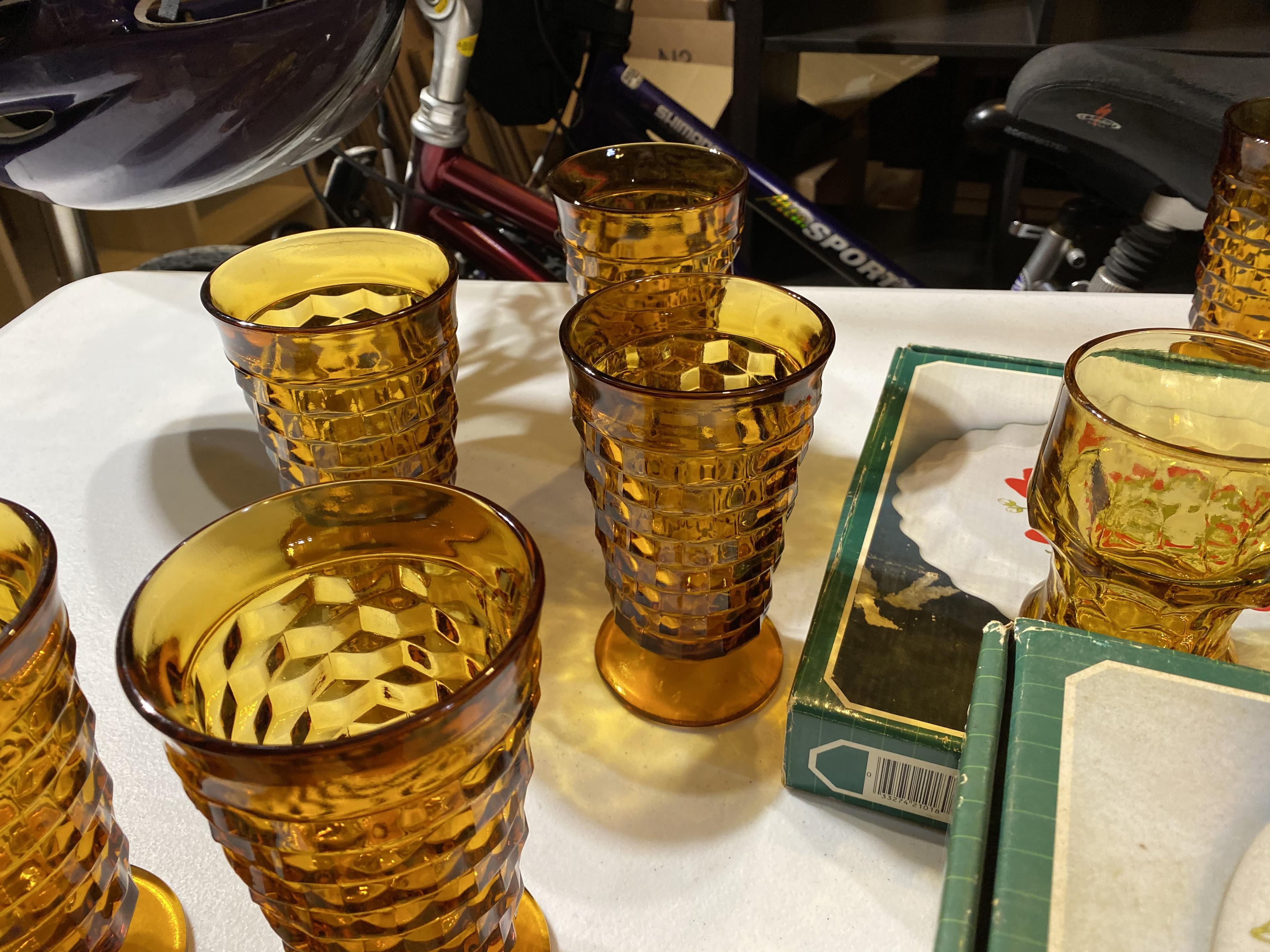 Vintage brown glasses, antique utensils, Strawberry ware in boxes