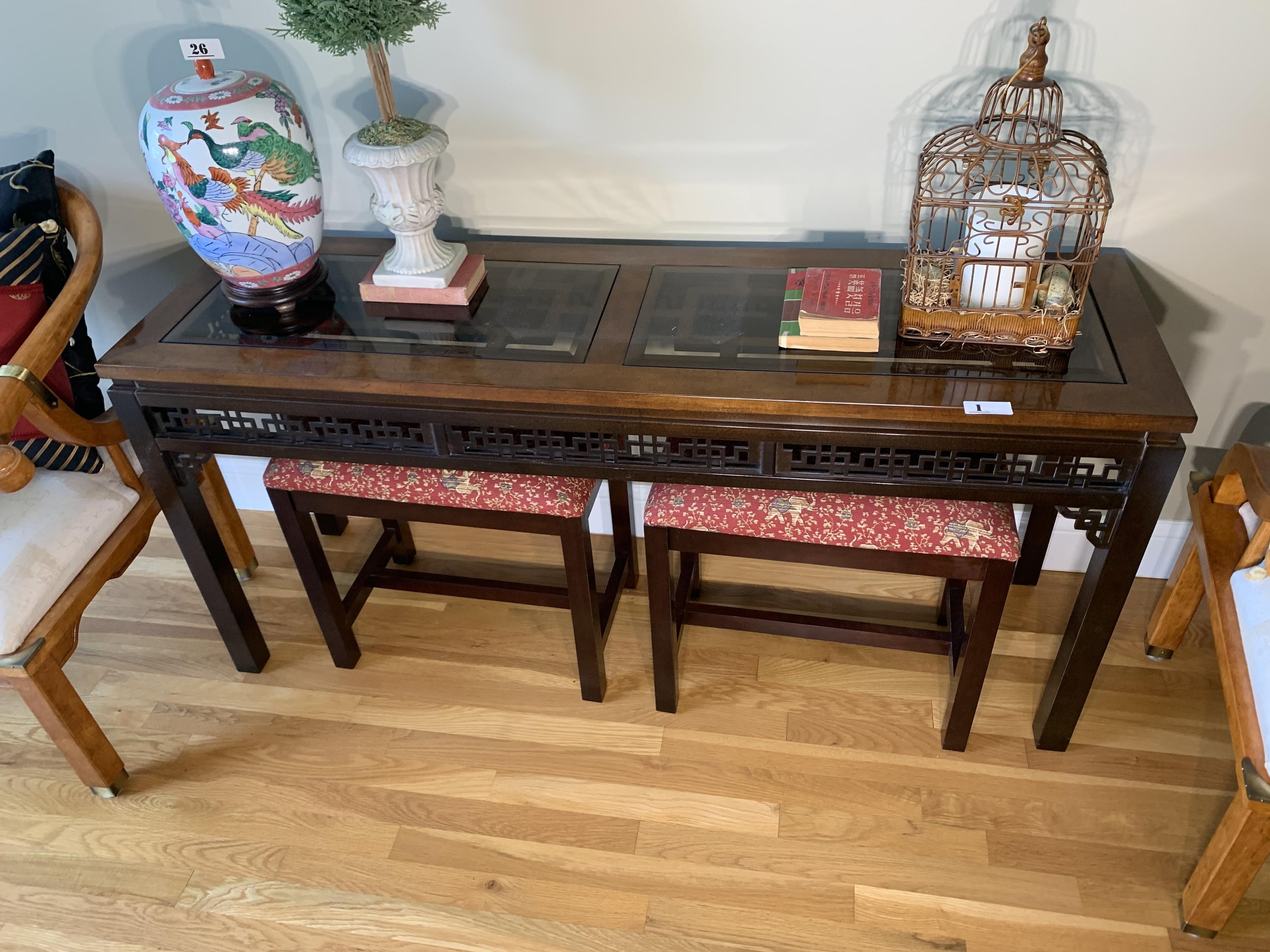 Asian or Chinese Style Console Table and Two Stools