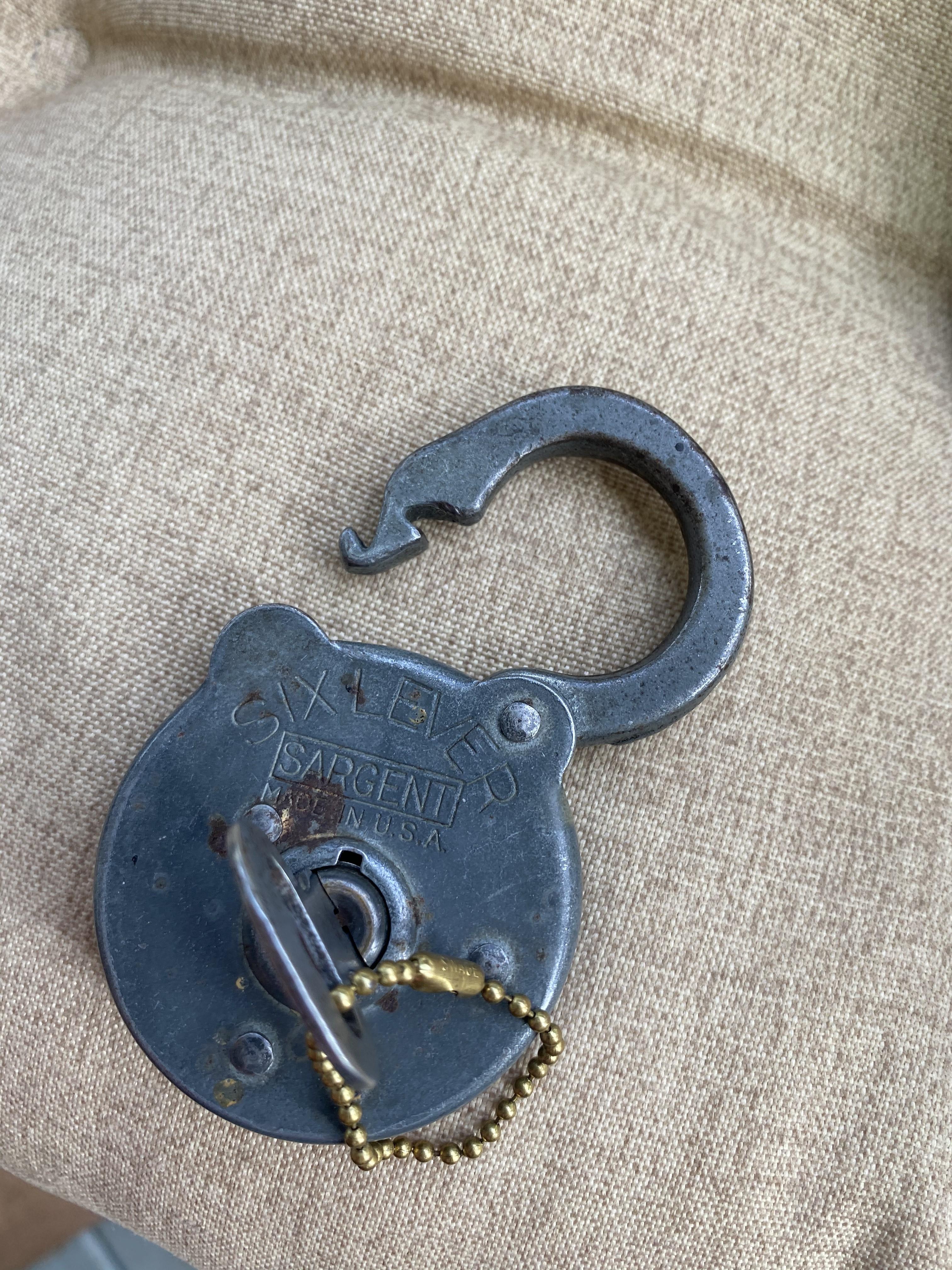 Antique Sargent Six Lever Padlock Lock with Key