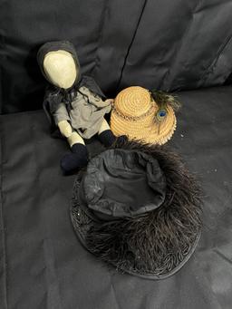 Antique cloth doll + two hats