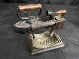 Two antique sad irons PLUS Geneva Fluter