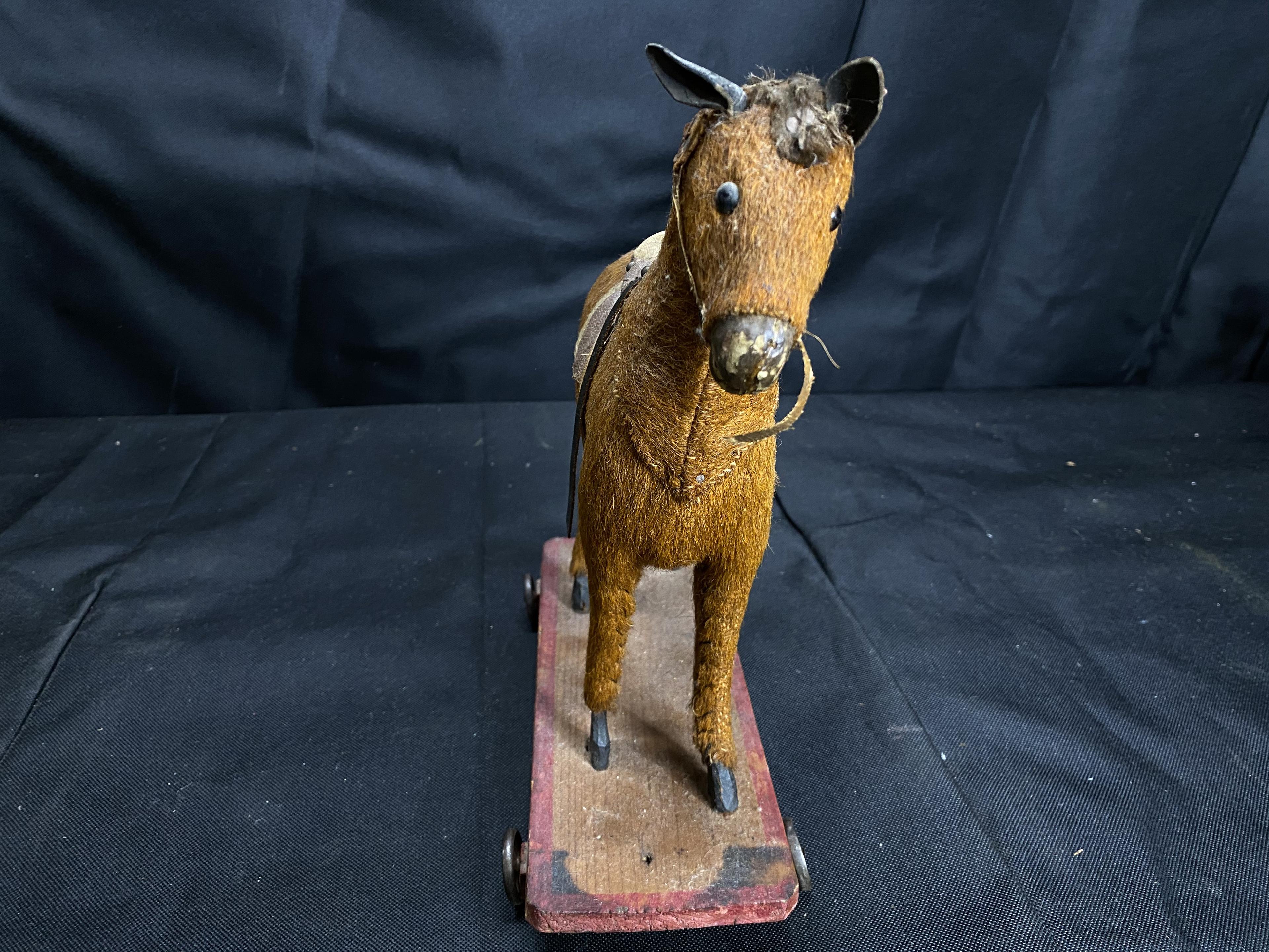 Antique Mohair Toy Horse on Cart