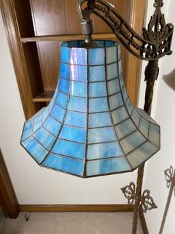 Antique floor lamp w/blue iridescent shade