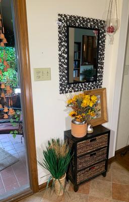 Mirror, Wicker Cabinet Shelf, Art Work, Wind Chimes & More