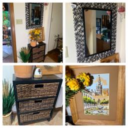 Mirror, Wicker Cabinet Shelf, Art Work, Wind Chimes & More