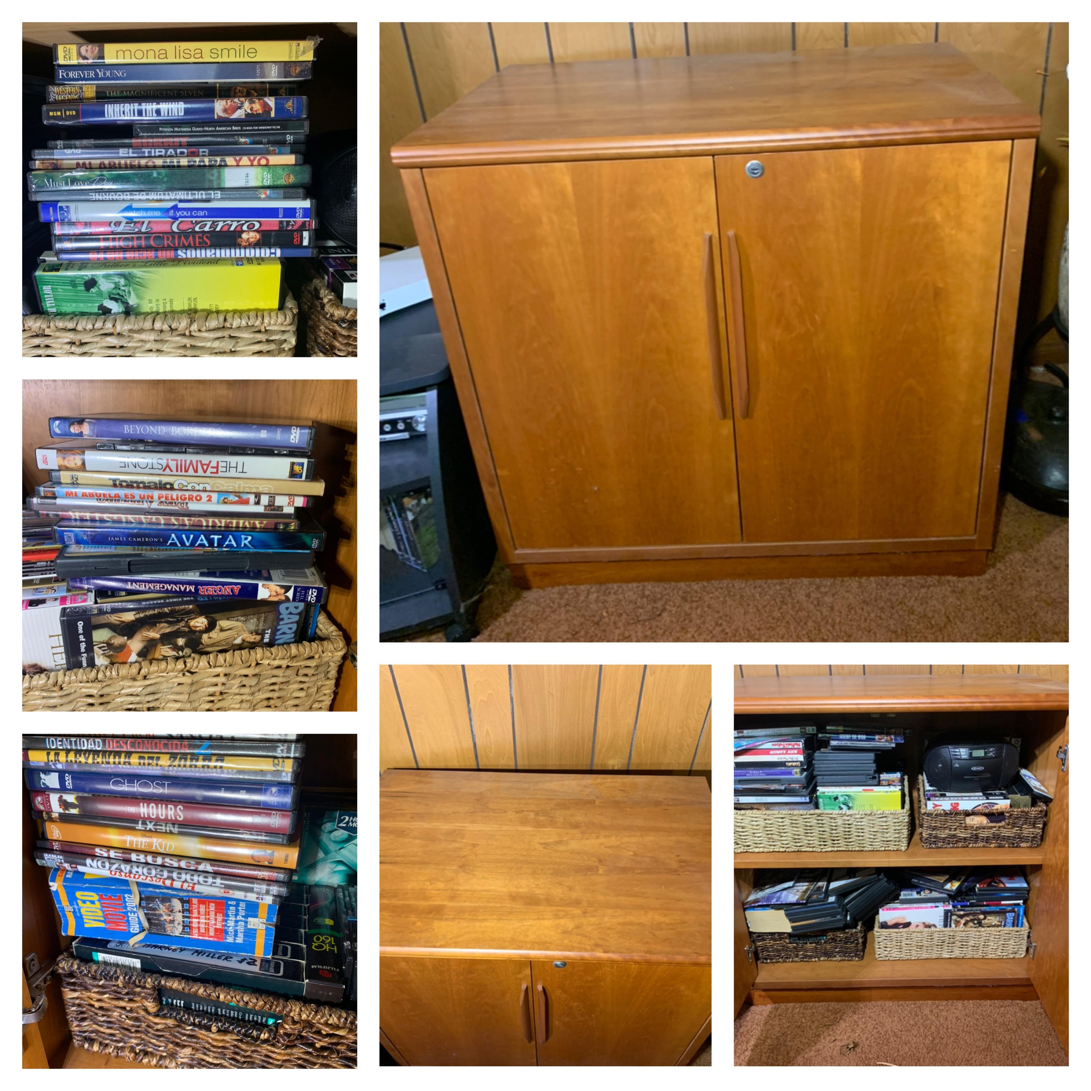 Mid Century Modern  Danish Style Locking Record Cabinet (No Key) & Contents - DVD'S & VHS