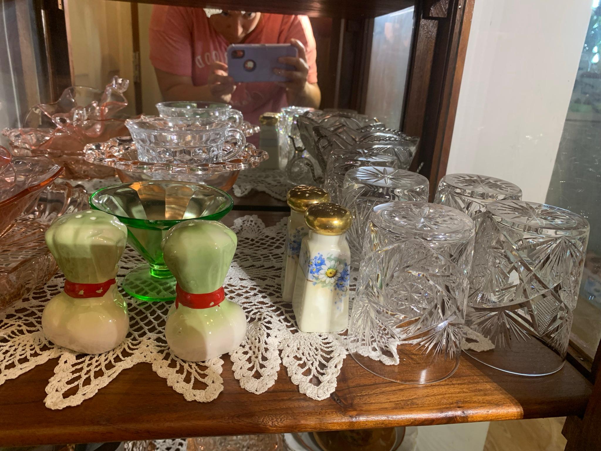 Curio Cabinet Contents - Goebel Birds, Glassware, Depression glass etc