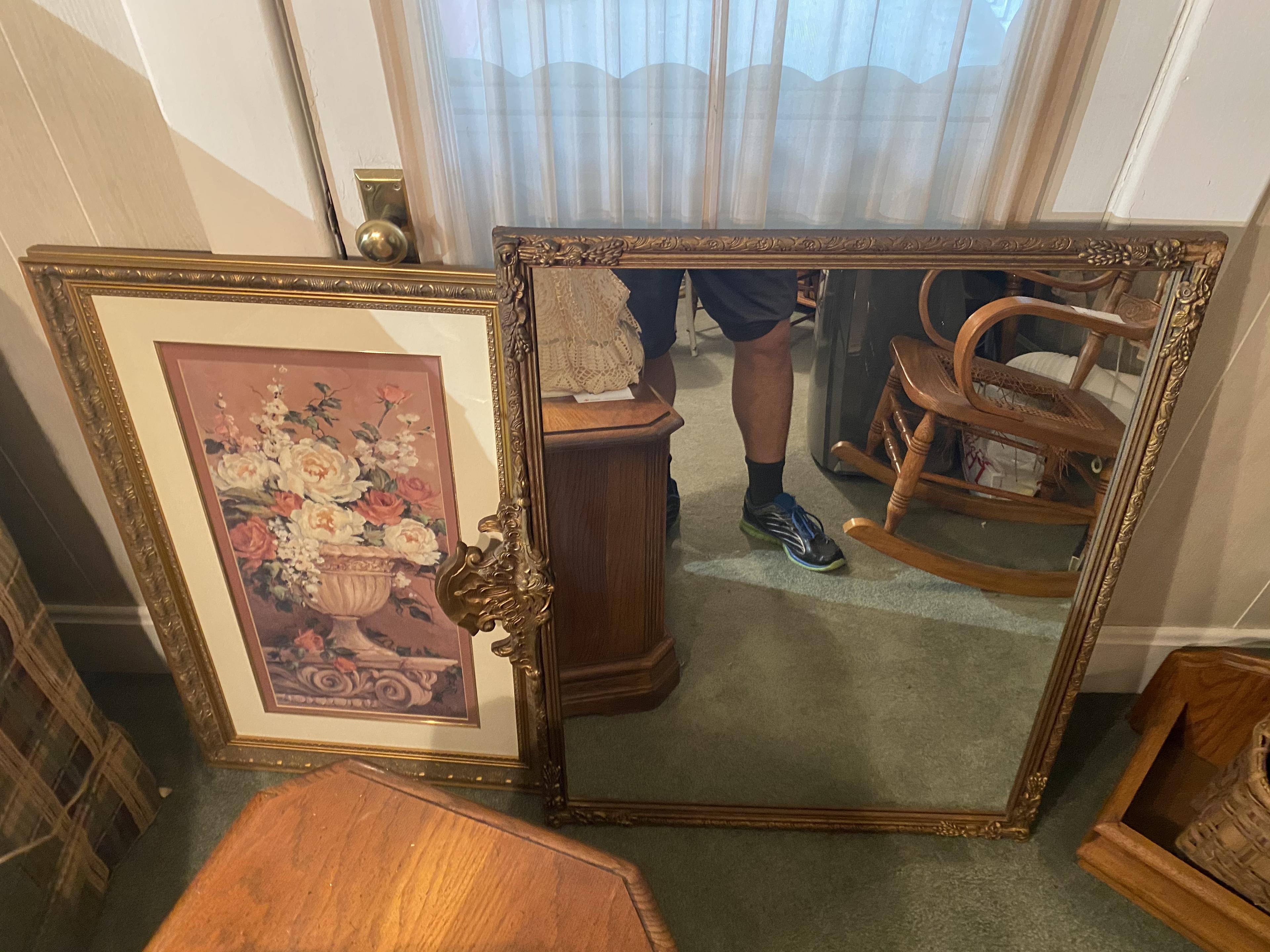 3 framed pictures plus antique mirror