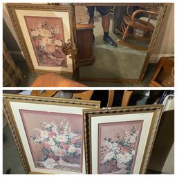 3 framed pictures plus antique mirror