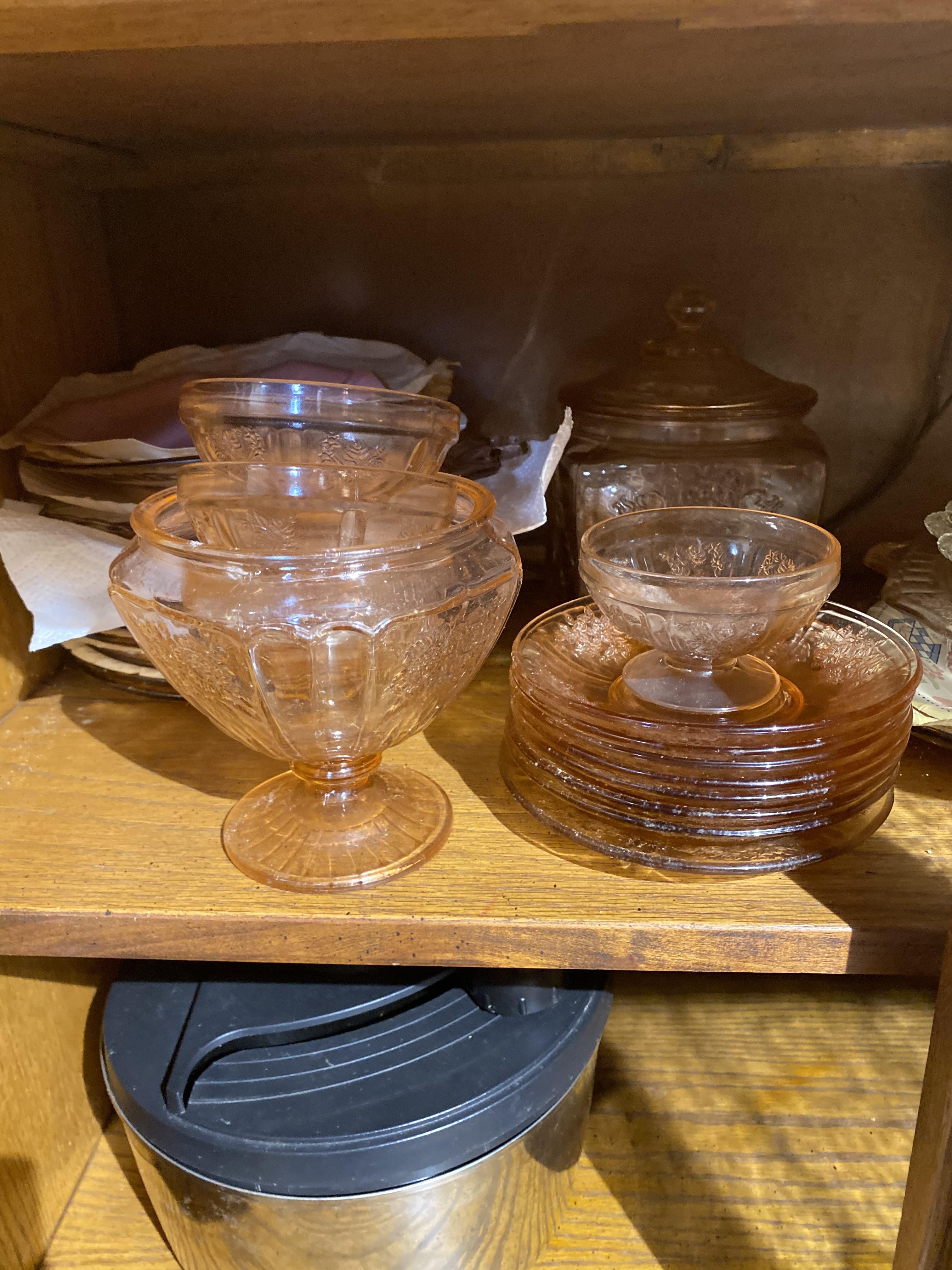 Cupboard lot of mostly Pink Depression Glass