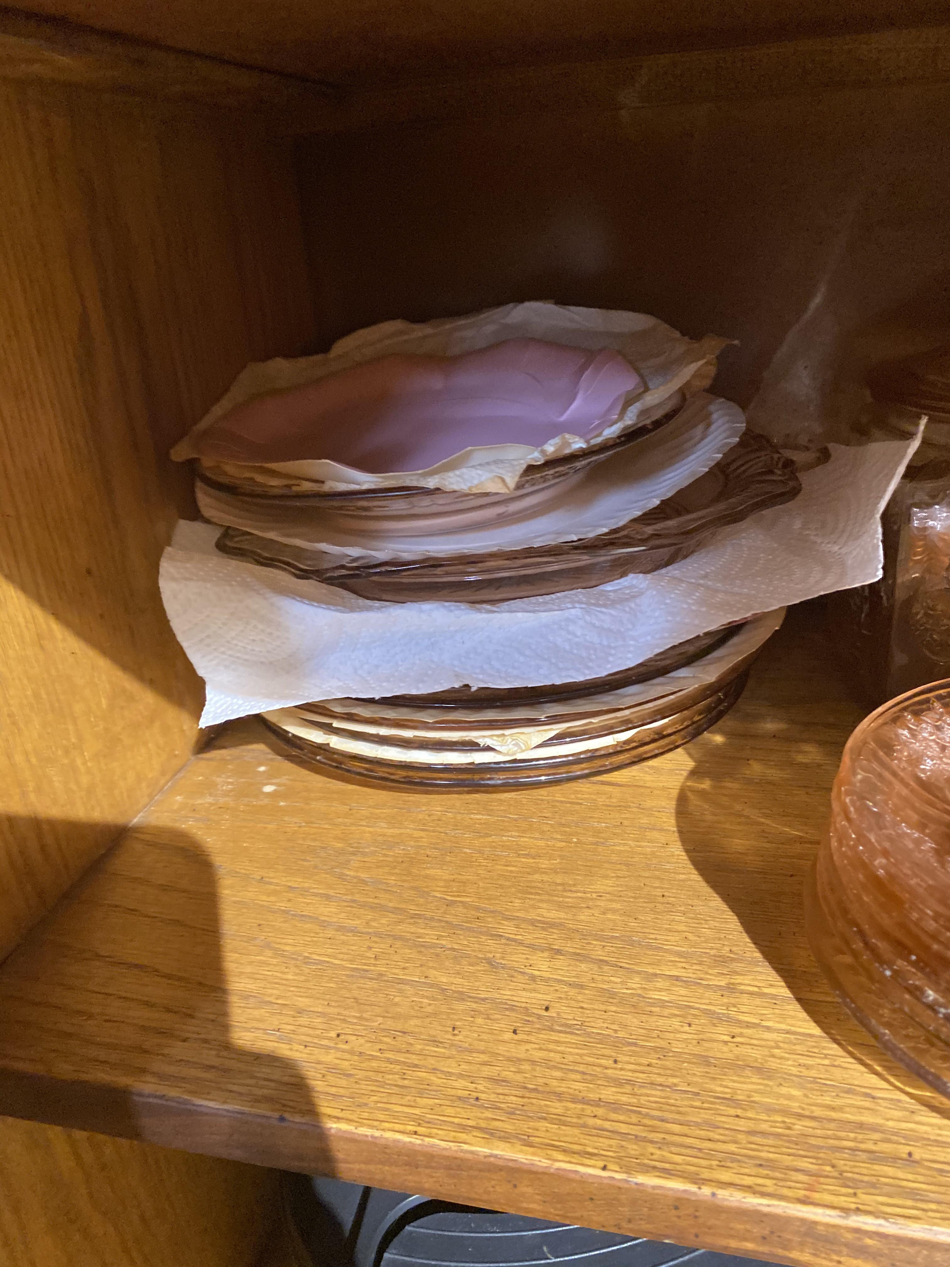 Cupboard lot of mostly Pink Depression Glass