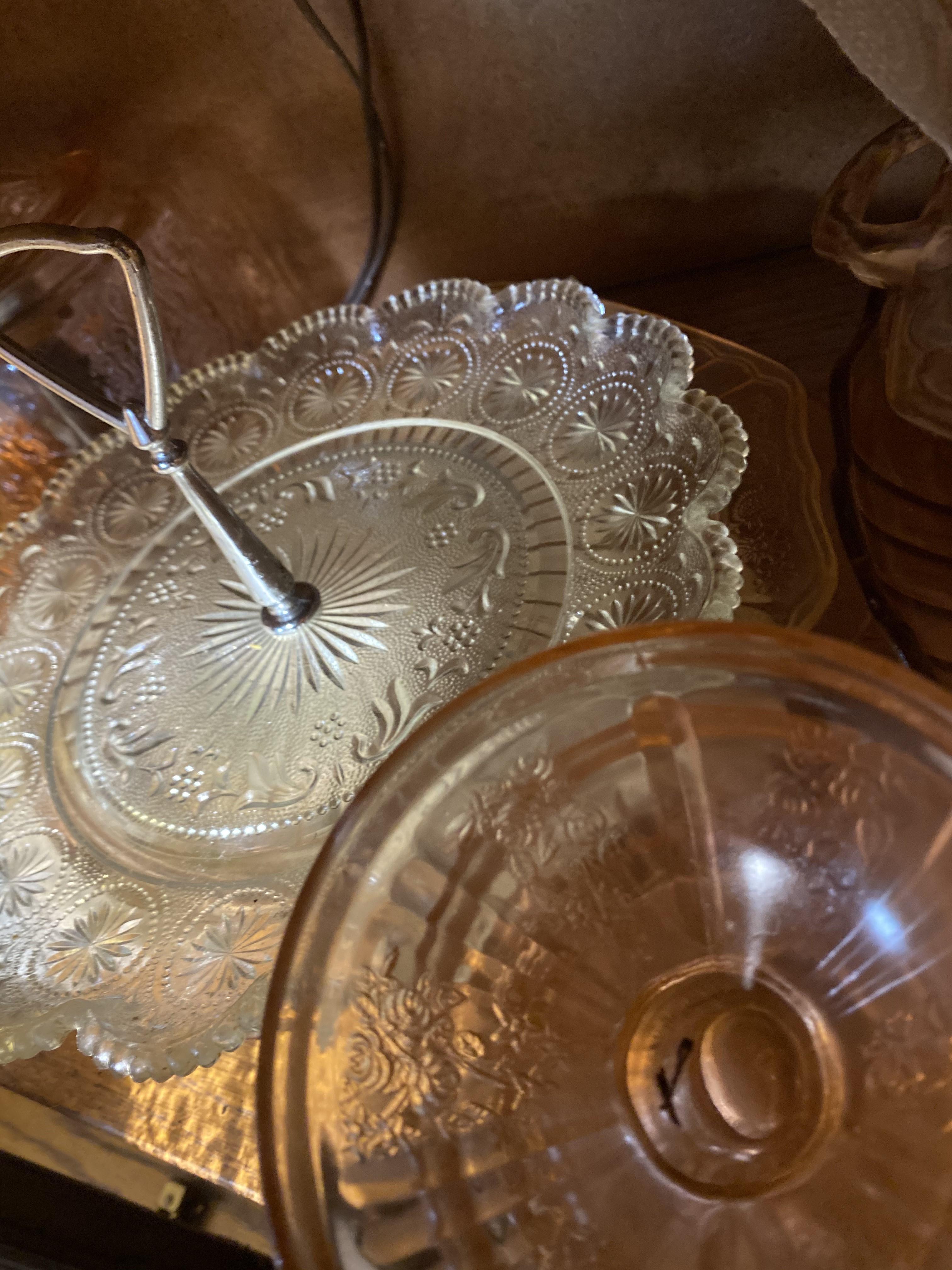 Cupboard lot of mostly Pink Depression Glass