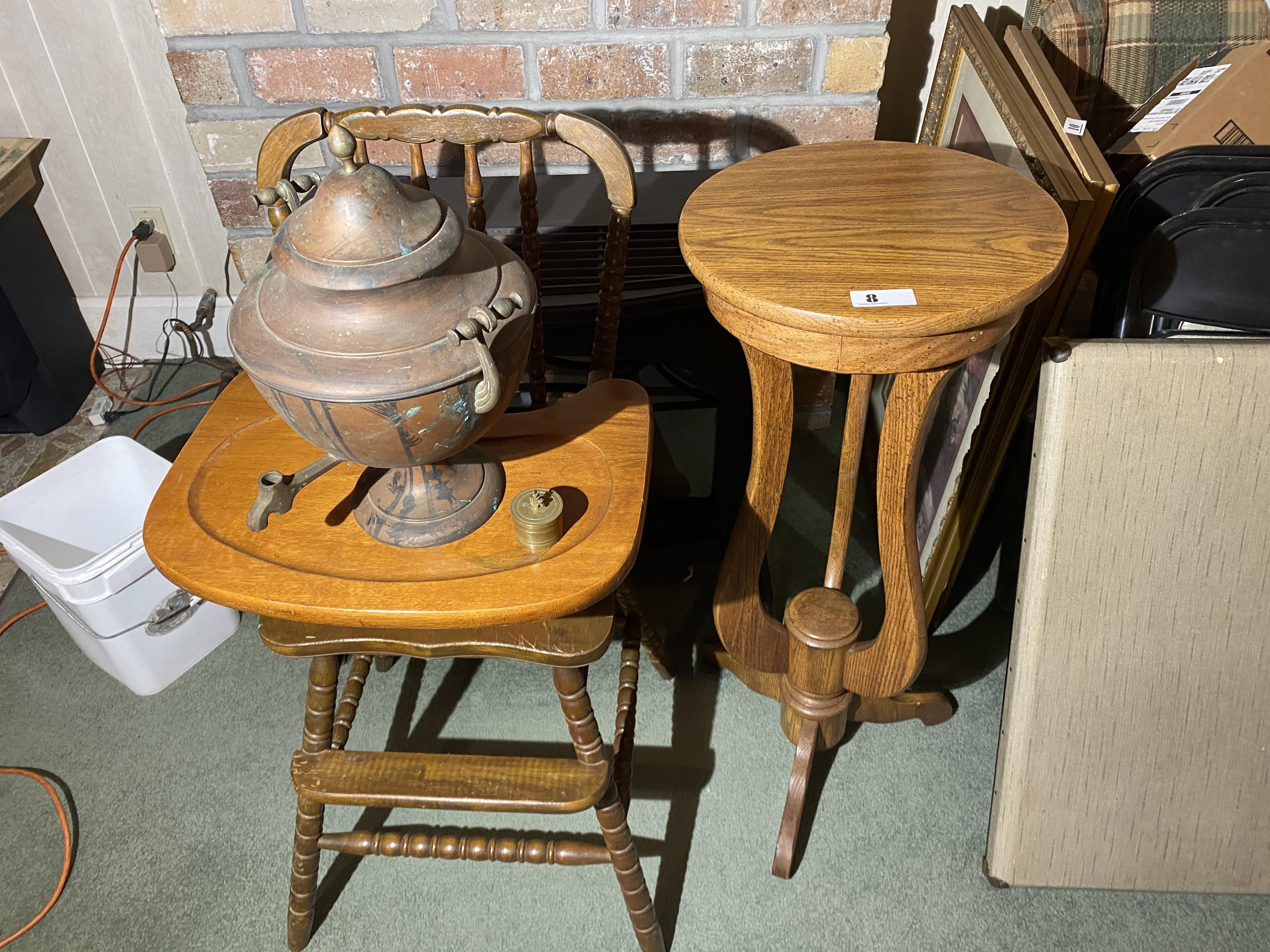 High Chair, Pedestal, Copper coffee pot, stamp dispenser