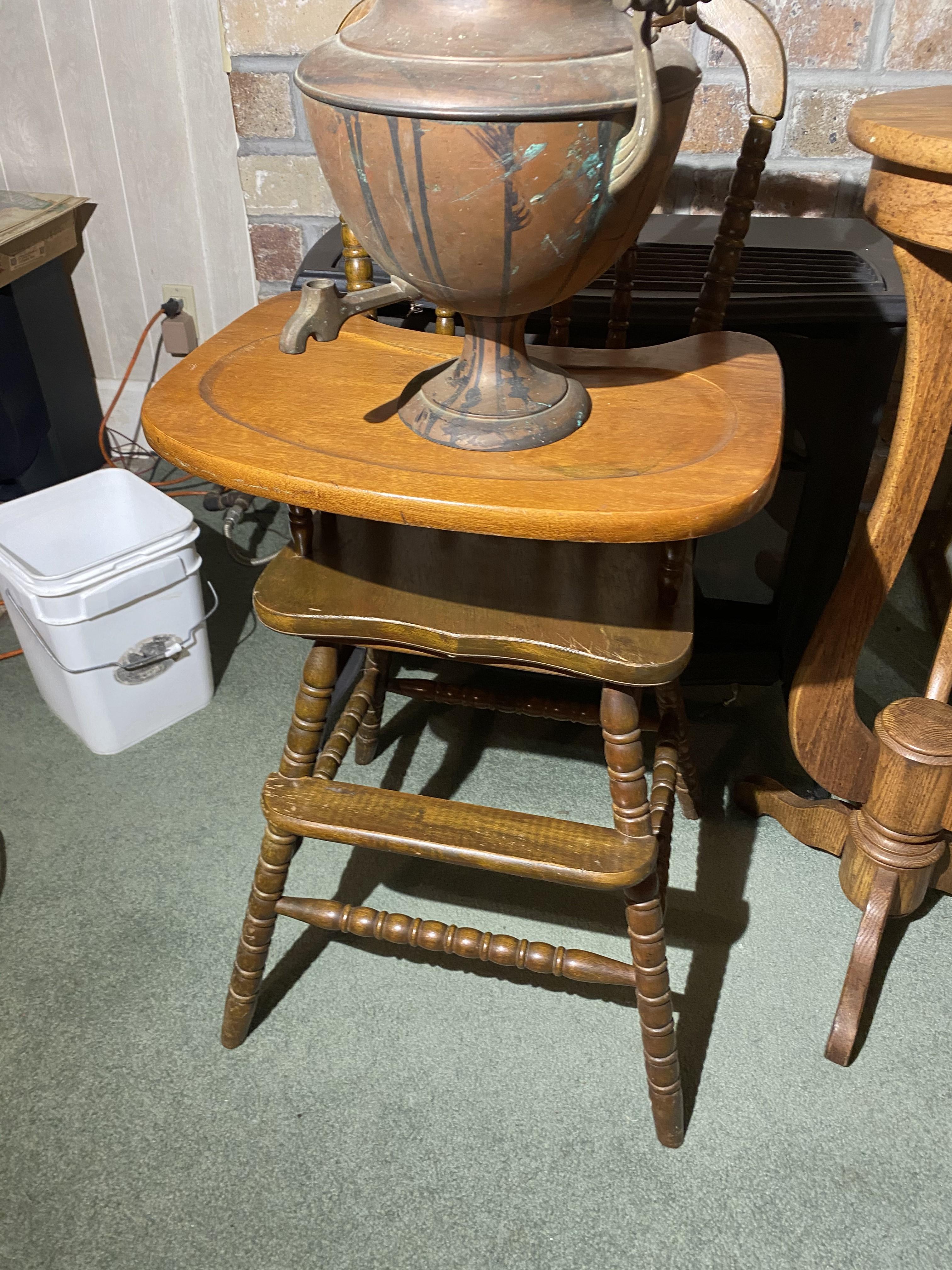 High Chair, Pedestal, Copper coffee pot, stamp dispenser