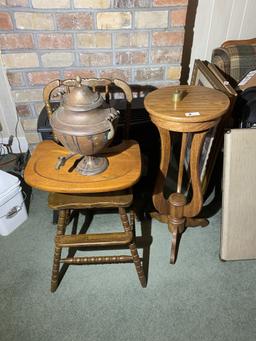 High Chair, Pedestal, Copper coffee pot, stamp dispenser