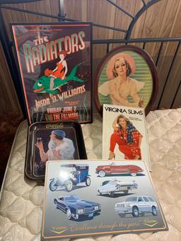 Metal Cadillac Sign & Virginia Slims Sign. Coca-Cola Trays & 1989 "The Radiators" Framed Poster