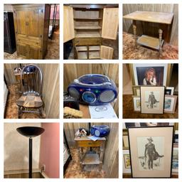 Wardrobe Armoire, 2 Side Stands, Radio, Chair, & Framed Prints