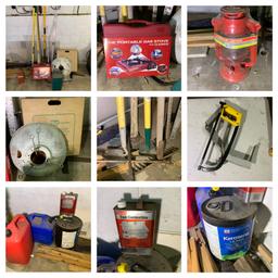 Group of Yard Tools, Rulers, Camp Stove, Lanterns, Gas Cans & More