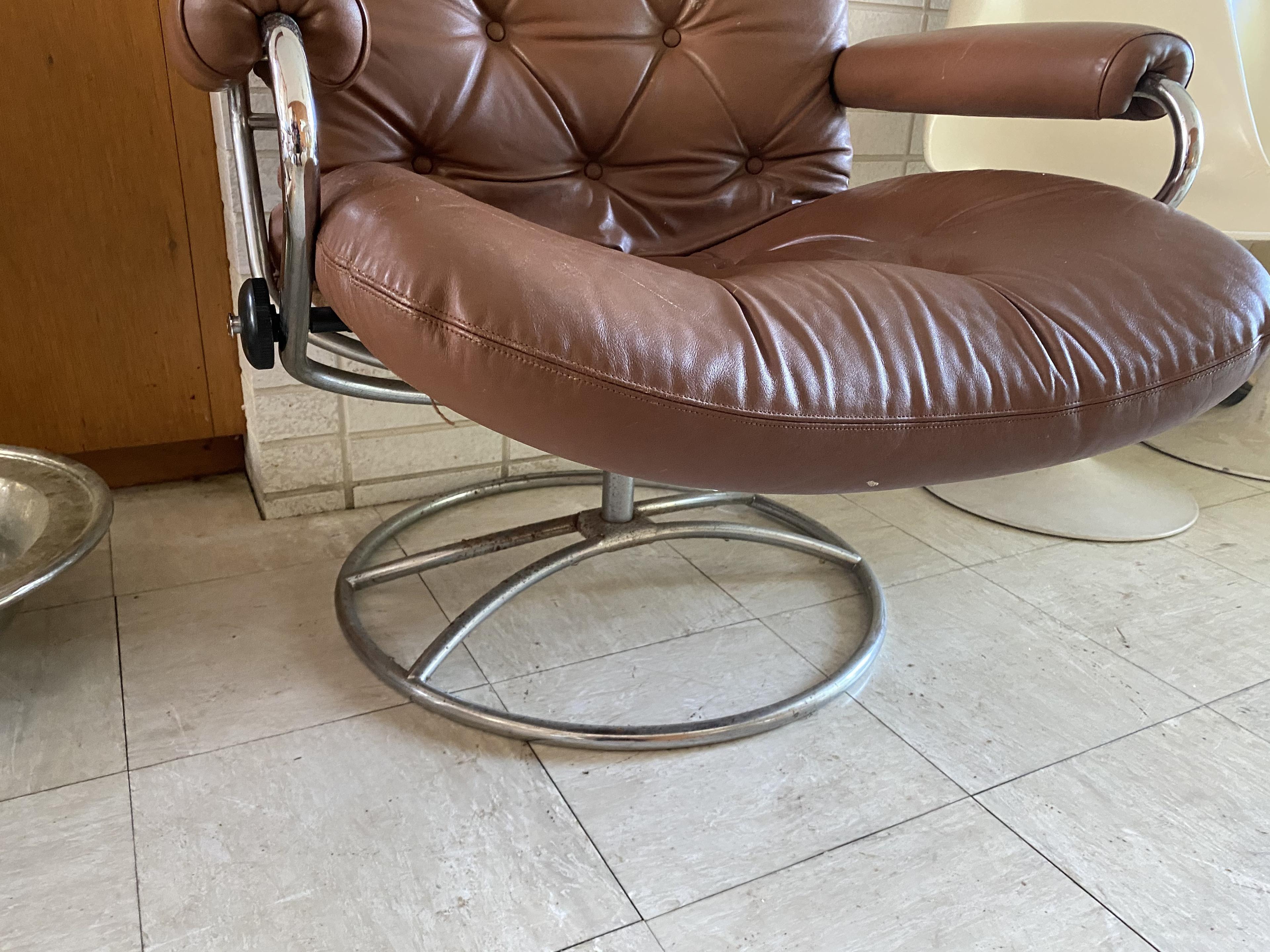 Vintage Made in Norway Retro Leather and Chrome Armchair